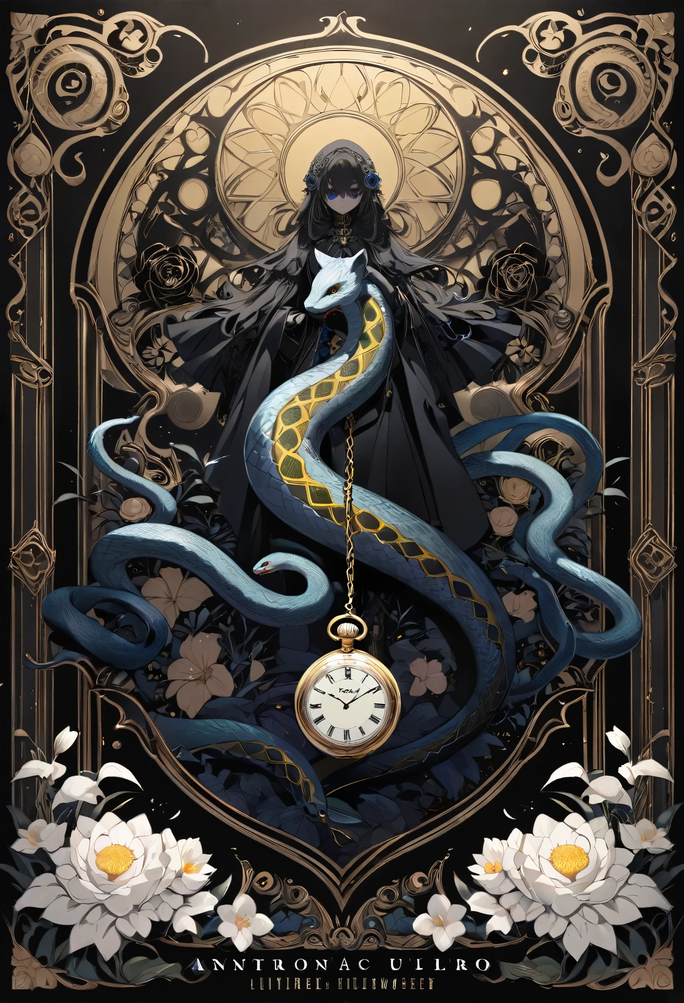 (cover page, best quality, high resolution, ultra-detailed)silhouett(kemono, furry anthro)holding striking pocket watch, surrounded by flowers, snakes and darkness, illustrative rendering, intricate details, mysterious atmosphere, vibrant colors, dynamic lighting , Gothic style,