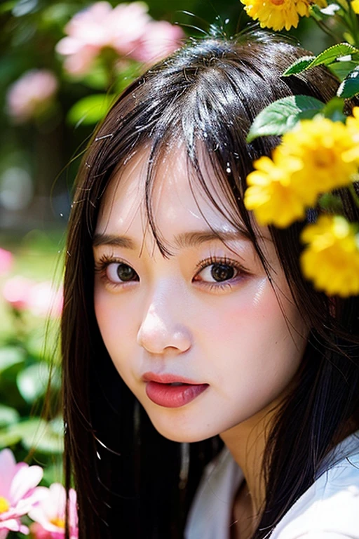 table top,,Awards - Award-winning photos, very detailed, close up of face、focus the eyes clearly, nose and mouth,face focus, woman with open mouth and closed eyes, Close-up of face focus、35 years old,black haired、symmetrical face,realistic nostrils、angle from below、elongated C-shaped nostrils、sweaty skin、Lighting that emphasizes skin shiny with sweat、((sharp nose))Skin shiny with sweat、shiny skin、Big eyes、double eyelid、(My tongue is wet and shiny) ((wet tongue)) ((Berokisu))garden,In front of mimosa flowers,