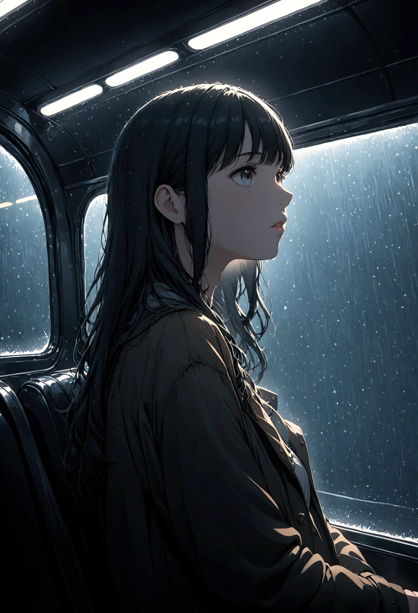 ((masterpiece), Absurd quality, 16k, detailed, (masterpiece:1.2), (pale_skin:1.2), (alone:1.2), (woman), thin, (Shine_eye), Long Hair, bangs, Black Hair, Outdoor, No sleeve, Dimly lit subway. The perspective camera captures the entire vehicle. In the carriage, At the very back, In a dark corner not well lit by the flashing lights,The lighting is so dim that I can barely see anything. The girl in profile is breathing in the cold air from her breath. A dim light shines in from outside through the cold raindrops on the fogged-up windows, illuminating the atmosphere inside the car..A girl with a calm and thoughtful expression