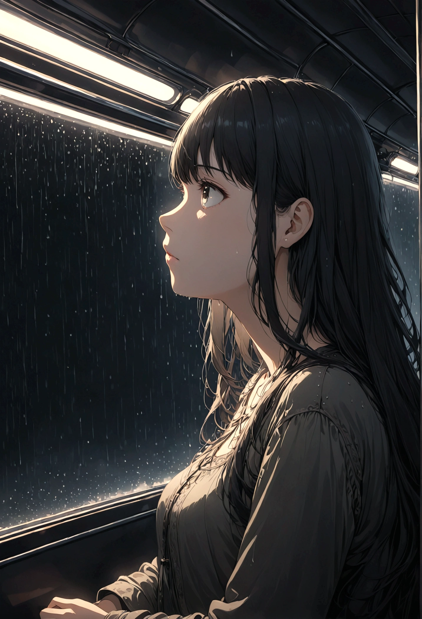 ((masterpiece), Absurd quality, 16k, detailed, (masterpiece:1.2), (pale_skin:1.2), (alone:1.2), (woman), thin, (Shine_eye), Long Hair, bangs, Black Hair, Outdoor, No sleeve, Dimly lit subway. The perspective camera captures the entire vehicle. In the carriage, At the very back, In a dark corner not well lit by the flashing lights,The lighting is so dim that I can barely see anything. The girl in profile is breathing in the cold air from her breath. A dim light shines in from outside through the cold raindrops on the fogged-up windows, illuminating the atmosphere inside the car..A girl with a calm and thoughtful expression