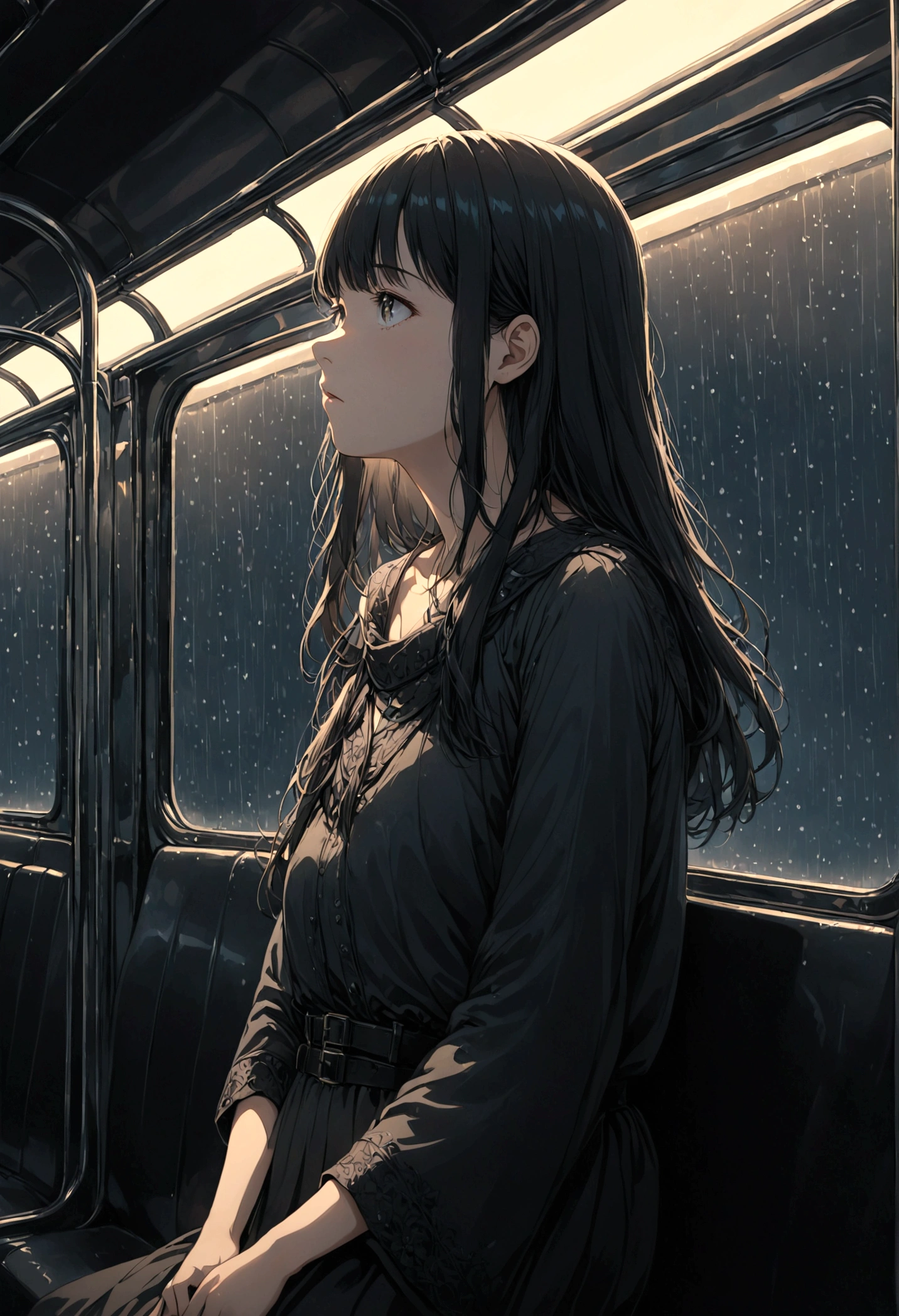 ((masterpiece), Absurd quality, 16k, detailed, (masterpiece:1.2), (pale_skin:1.2), (alone:1.2), (woman), thin, (Shine_eye), Long Hair, bangs, Black Hair, Outdoor, No sleeve, Dimly lit subway. The perspective camera captures the entire vehicle. In the carriage, At the very back, In a dark corner not well lit by the flashing lights,The lighting is so dim that I can barely see anything. The girl in profile is breathing in the cold air from her breath. A dim light shines in from outside through the cold raindrops on the fogged-up windows, illuminating the atmosphere inside the car..A girl with a calm and thoughtful expression
