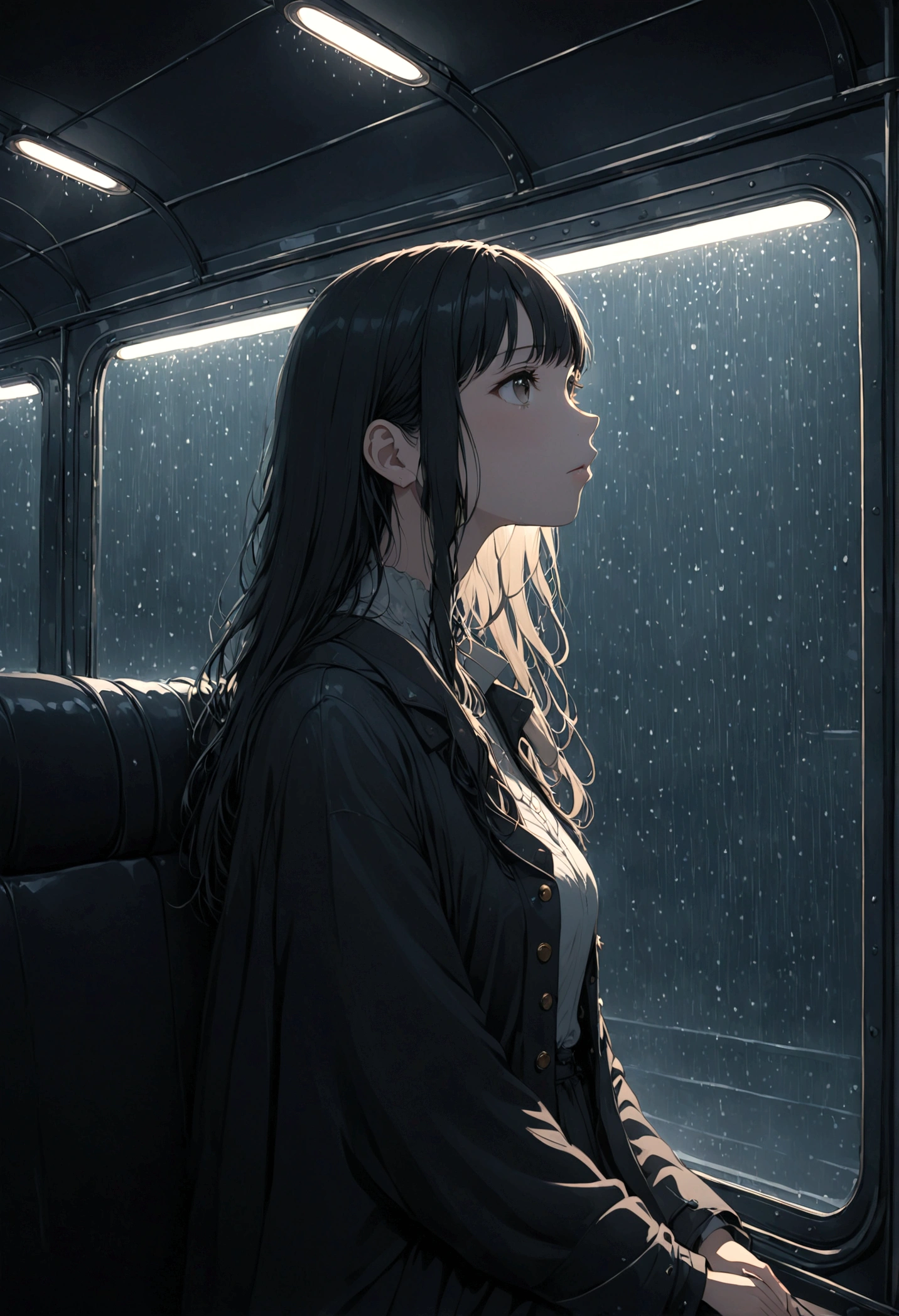 ((masterpiece), Absurd quality, 16k, detailed, (masterpiece:1.2), (pale_skin:1.2), (alone:1.2), (woman), thin, (Shine_eye), Long Hair, bangs, Black Hair, Outdoor, No sleeve, Dimly lit subway. The perspective camera captures the entire vehicle. In the carriage, At the very back, In a dark corner not well lit by the flashing lights,The lighting is so dim that I can barely see anything. The girl in profile is breathing in the cold air from her breath. A dim light shines in from outside through the cold raindrops on the fogged-up windows, illuminating the atmosphere inside the car..A girl with a calm and thoughtful expression