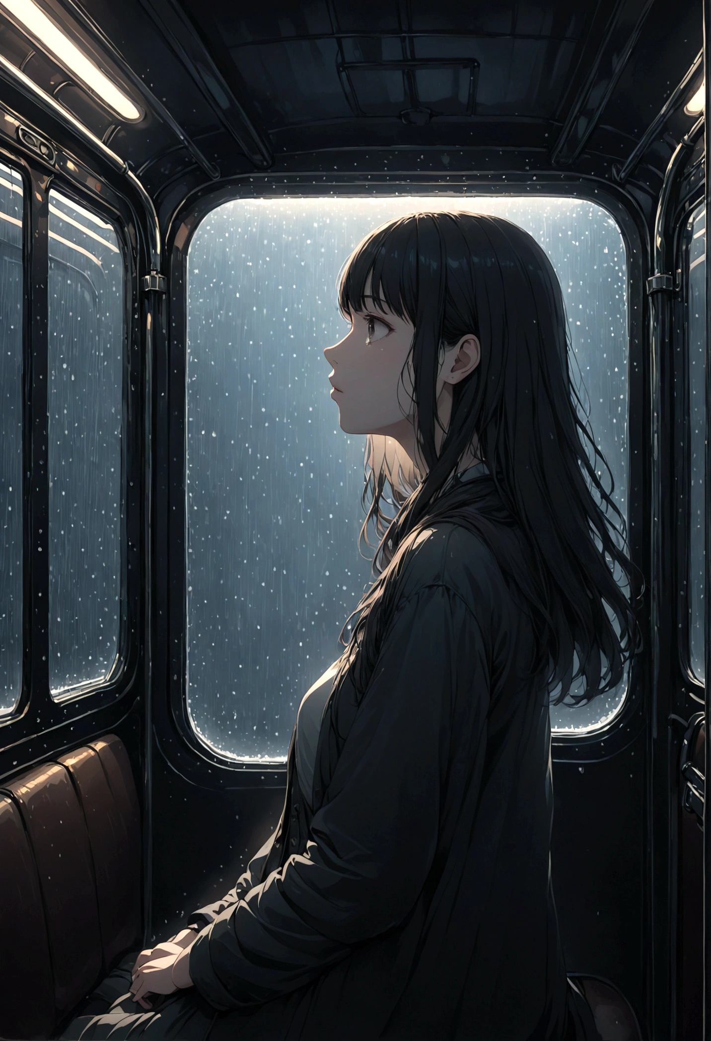 ((masterpiece), Absurd quality, 16k, detailed, (masterpiece:1.2), (pale_skin:1.2), (alone:1.2), (woman), thin, (Shine_eye), Long Hair, bangs, Black Hair, Outdoor, No sleeve, Dimly lit subway. The perspective camera captures the entire vehicle. In the carriage, At the very back, In a dark corner not well lit by the flashing lights,The lighting is so dim that I can barely see anything. The girl in profile is breathing in the cold air from her breath. A dim light shines in from outside through the cold raindrops on the fogged-up windows, illuminating the atmosphere inside the car..A girl with a calm and thoughtful expression
