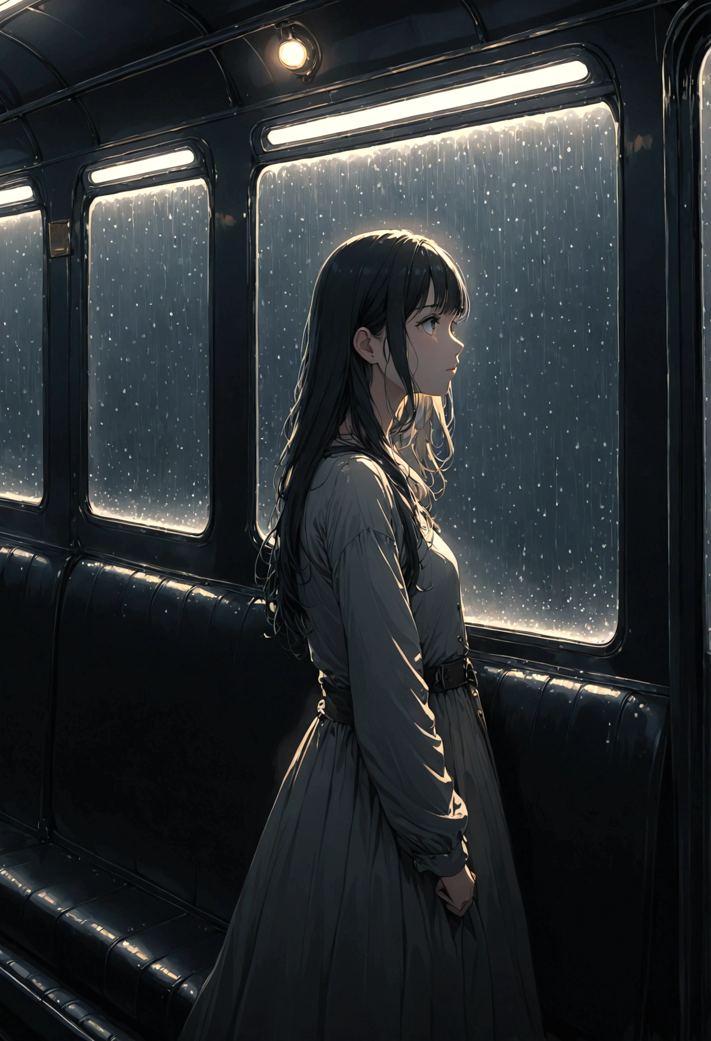 ((masterpiece), Absurd quality, 16k, detailed, (masterpiece:1.2), (pale_skin:1.2), (alone:1.2), (woman), thin, (Shine_eye), Long Hair, bangs, Black Hair, Outdoor, No sleeve, Dimly lit subway. The perspective camera captures the entire vehicle. In the carriage, At the very back, In a dark corner not well lit by the flashing lights,The lighting is so dim that I can barely see anything. The girl in profile is breathing in the cold air from her breath. A dim light shines in from outside through the cold raindrops on the fogged-up windows, illuminating the atmosphere inside the car..A girl with a calm and thoughtful expression