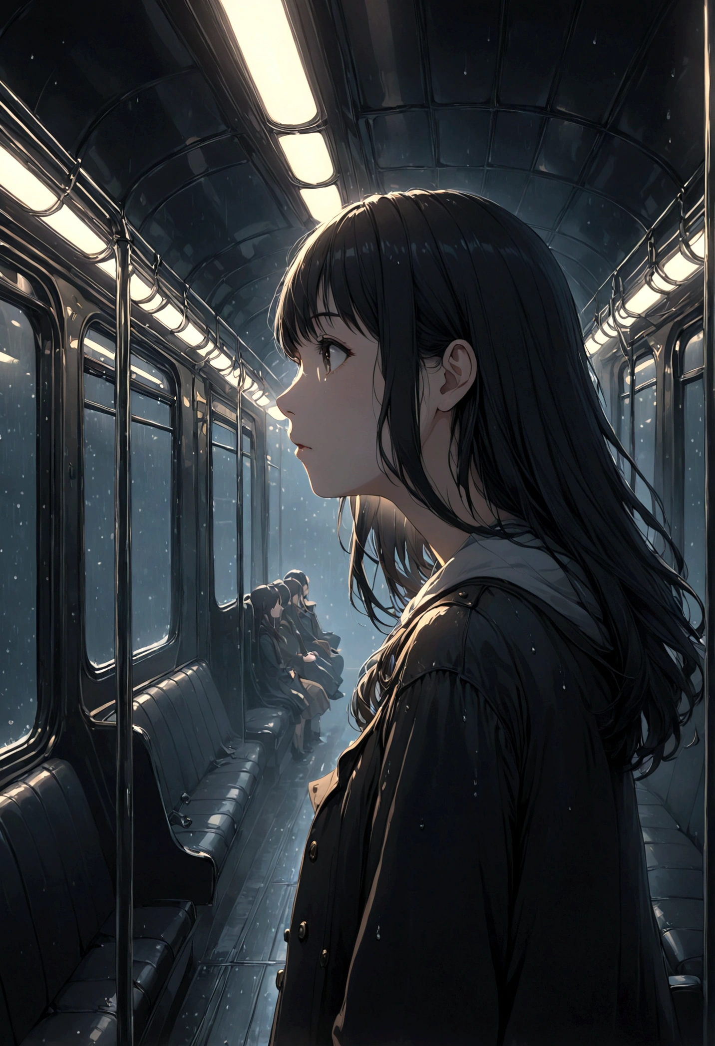 ((masterpiece), Absurd quality, 16k, detailed, (masterpiece:1.2), (pale_skin:1.2), (alone:1.2), (woman), thin, (Shine_eye), Long Hair, bangs, Black Hair, Outdoor, No sleeve, Dimly lit subway. The perspective camera captures the entire vehicle. In the carriage, At the very back, In a dark corner not well lit by the flashing lights,The lighting is so dim that I can barely see anything. The girl in profile is breathing in the cold air from her breath. A dim light shines in from outside through the cold raindrops on the fogged-up windows, illuminating the atmosphere inside the car..A girl with a calm and thoughtful expression