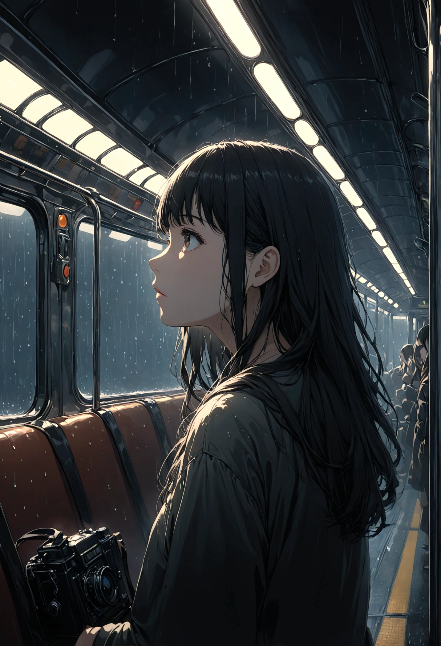 ((masterpiece), Absurd quality, 16k, detailed, (masterpiece:1.2), (pale_skin:1.2), (alone:1.2), (woman), thin, (Shine_eye), Long Hair, bangs, Black Hair, Outdoor, No sleeve, Dimly lit subway. The perspective camera captures the entire vehicle. In the carriage, At the very back, In a dark corner not well lit by the flashing lights,The lighting is so dim that I can barely see anything. The girl in profile is breathing in the cold air from her breath. A dim light shines in from outside through the cold raindrops on the fogged-up windows, illuminating the atmosphere inside the car..A girl with a calm and thoughtful expression