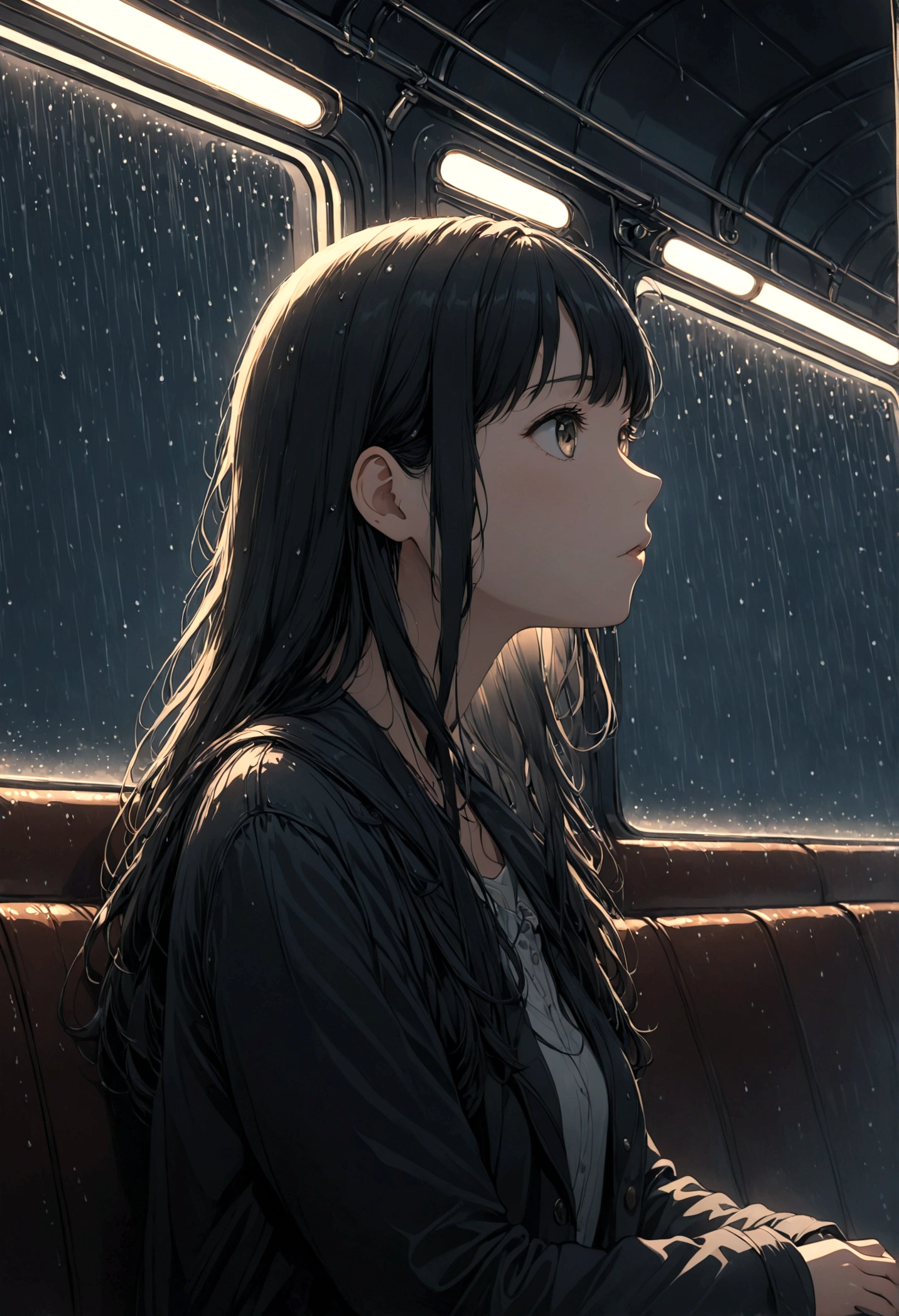((masterpiece), Absurd quality, 16k, detailed, (masterpiece:1.2), (pale_skin:1.2), (alone:1.2), (woman), thin, (Shine_eye), Long Hair, bangs, Black Hair, Outdoor, No sleeve, Dimly lit subway. The perspective camera captures the entire vehicle. In the carriage, At the very back, In a dark corner not well lit by the flashing lights,The lighting is so dim that I can barely see anything. The girl in profile is breathing in the cold air from her breath. A dim light shines in from outside through the cold raindrops on the fogged-up windows, illuminating the atmosphere inside the car..A girl with a calm and thoughtful expression