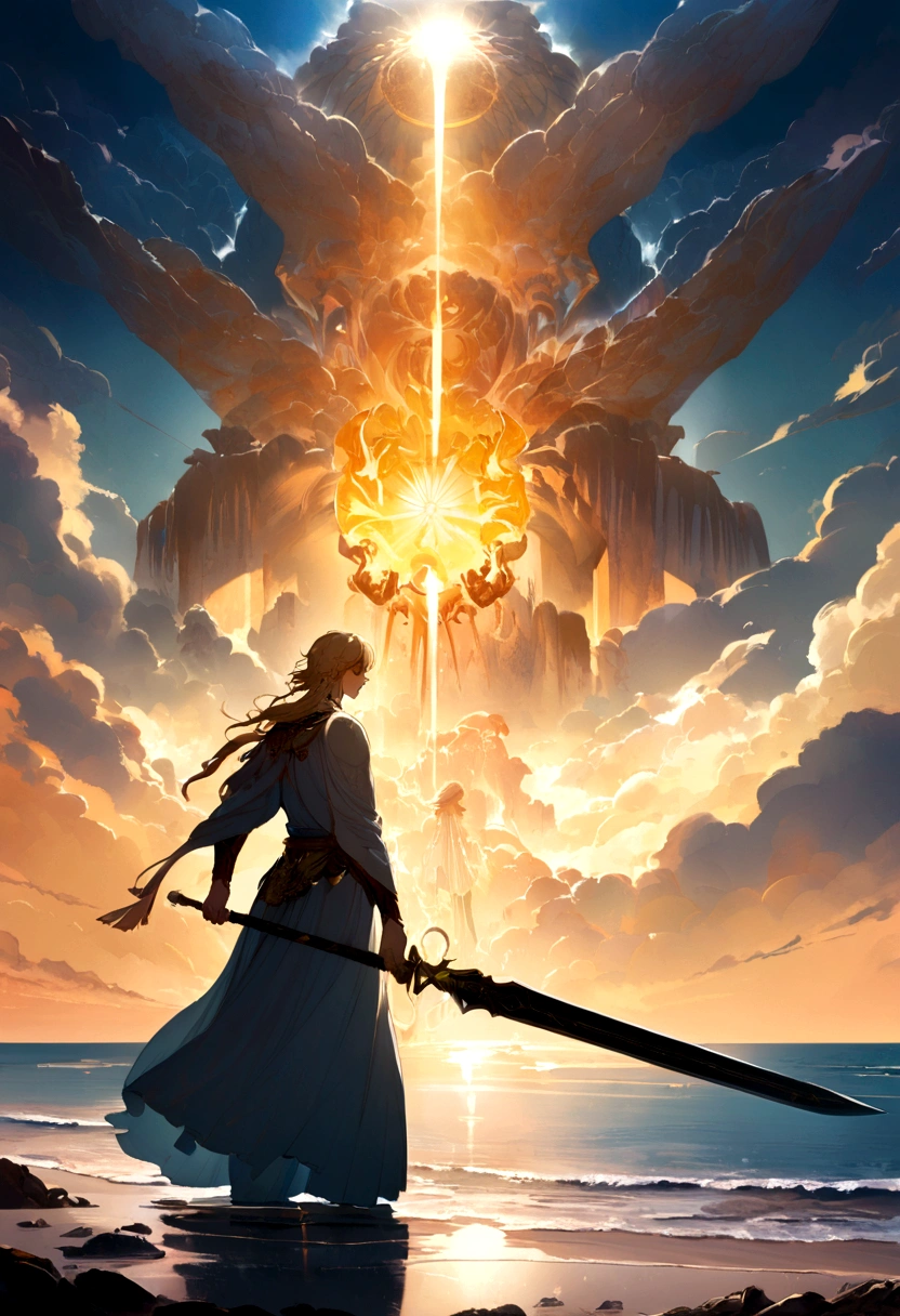 In a mesmerizing silhouetted scene of a giant moon with its surface marked by vividly detailed craters, in a fantastical world bathed in ethereal light and illuminated by the sun, a lone young man who is carrying a sword stands confidently on a serene beach, looking straight ahead. with determination in her eyes, with blue waves gently kissing the shore. Behind him, the landscape is both familiar and otherworldly, with ancient structures partially submerged in water, giving the impression that once upon a time there was a great civilization, now in ruins. He has spiky blond hair that shines in the sun, a reflection of his vibrant and adventurous spirit. Around the neck hangs a distinctive pendant, reflecting the light with a touch of mystery. In his hand he holds an enormous sword, beautifully crafted and ornamented with stones, its blade glowing with a magical aura, suggesting that this weapon is not just for combat. The atmosphere is filled with a sense of tranquility, mystery, serenity and adventure. The young man looks at the horizon with a determined and victorious expression, as if he is ready to embark on a new journey, face an imminent challenge or cast a powerful spell.