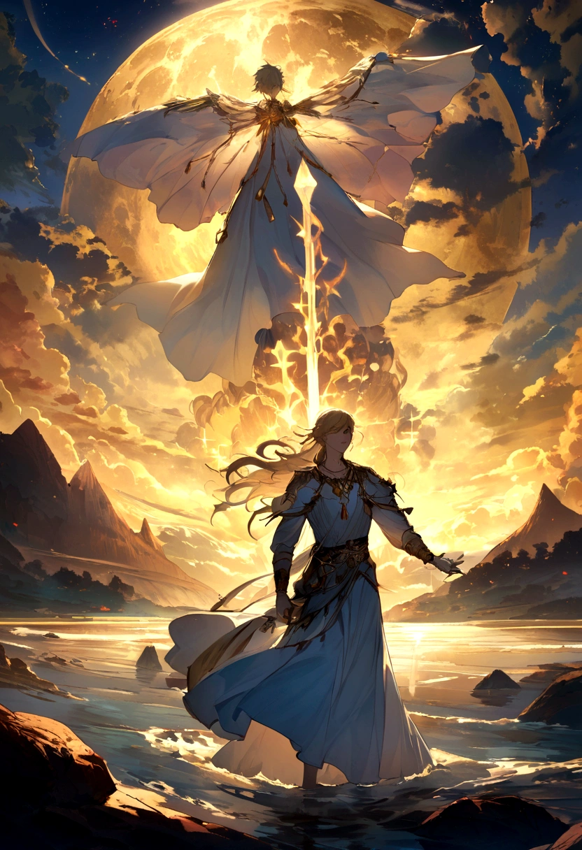 In a mesmerizing silhouetted scene of a giant moon with its surface marked by vividly detailed craters, in a fantastical world bathed in ethereal light and illuminated by the sun, a lone young man who is carrying a sword stands confidently on a serene beach, looking straight ahead. with determination in her eyes, with blue waves gently kissing the shore. Behind him, the landscape is both familiar and otherworldly, with ancient structures partially submerged in water, giving the impression that once upon a time there was a great civilization, now in ruins. He has spiky blond hair that shines in the sun, a reflection of his vibrant and adventurous spirit. Around the neck hangs a distinctive pendant, reflecting the light with a touch of mystery. In his hand he holds an enormous sword, beautifully crafted and ornamented with stones, its blade glowing with a magical aura, suggesting that this weapon is not just for combat. The atmosphere is filled with a sense of tranquility, mystery, serenity and adventure. The young man looks at the horizon with a determined and victorious expression, as if he is ready to embark on a new journey, face an imminent challenge or cast a powerful spell.