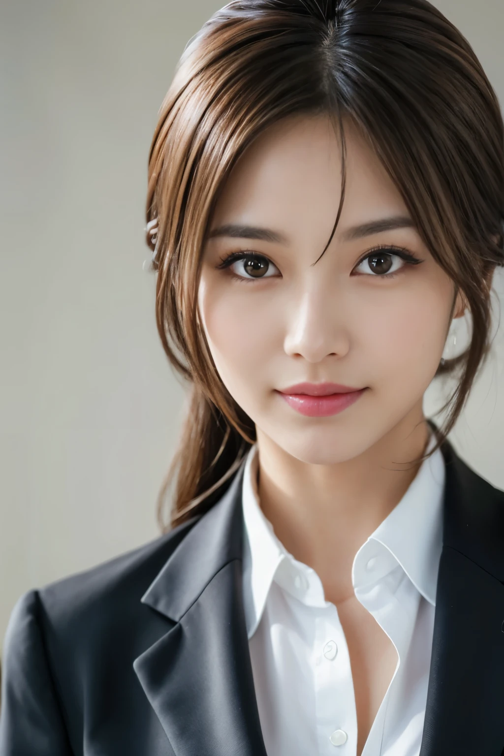 Tabletop, Japanese,highest quality, Realistic, Super detailed, In detail, High resolution, 8k wallpaper, 1. Beautiful Women,, Light brown messy hair, Wearing a business suit, Sharp focus, Perfect dynamic composition, Beautiful fine details, Fine hair, Detailed and realistic skin texture, smile, Close-up portrait, Model Body Type, White background, 