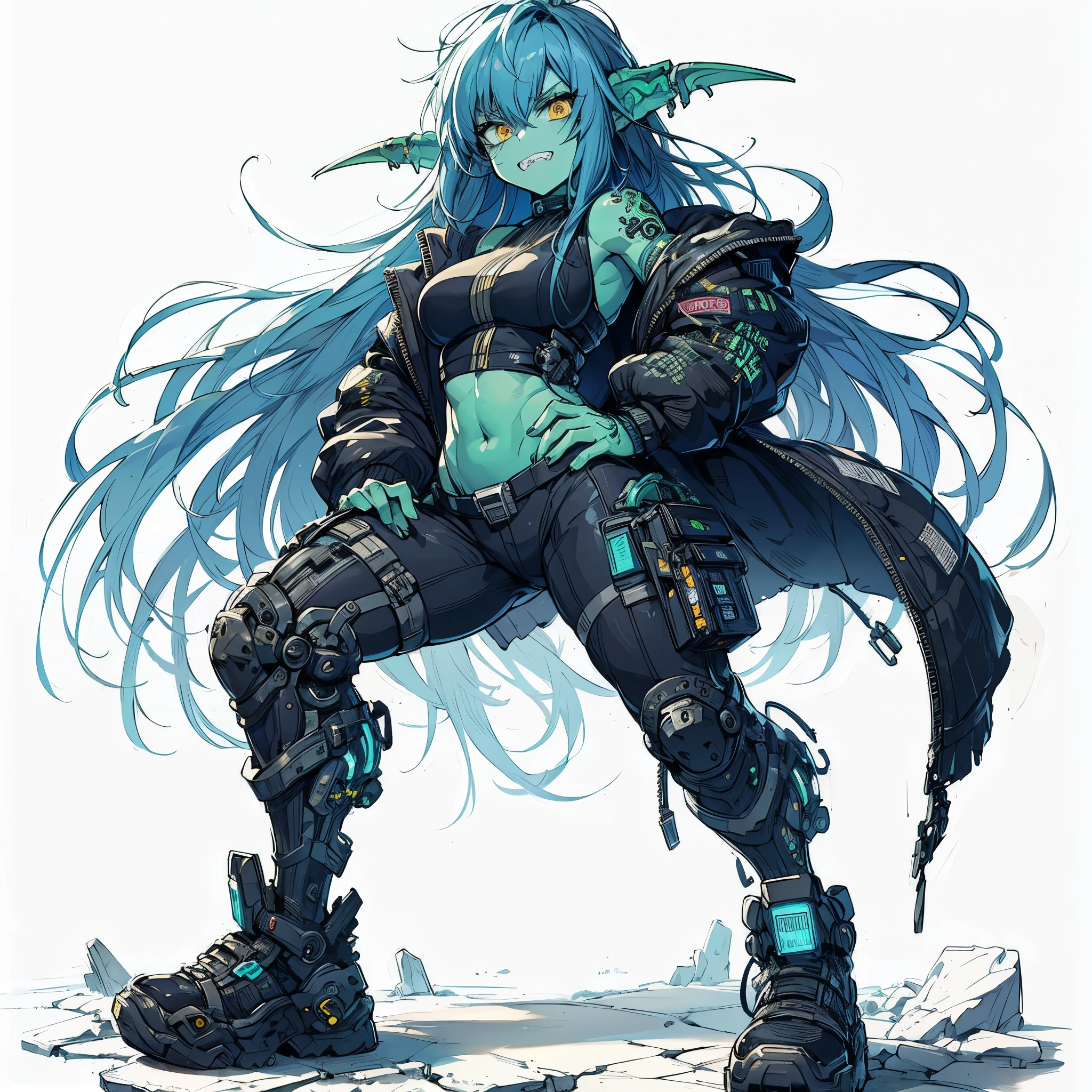 (masterpiece, best quality), ultra detailed, anime style, full body, solo, Full body, Cyberpunk orc lady, wearing a Cyberpunk suit, night blue hair and yellow eyes, JAGGED-TEETH, pale green skin, Mid-back posture with hands on hips, wears high tech sneakers, ultra-massive, tall stylish, VERY MASSIVE. Muscular, White background, standing full length, standing on wasted earth, whole body