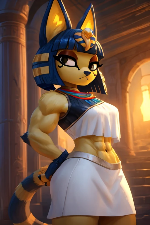 a digital sideview artwork of ankha with abs wearing a crop top of her white sleeveless dress with white long skirt, a bare midriff and a bare navel, trending on artstation, 4k, furry, anthro style