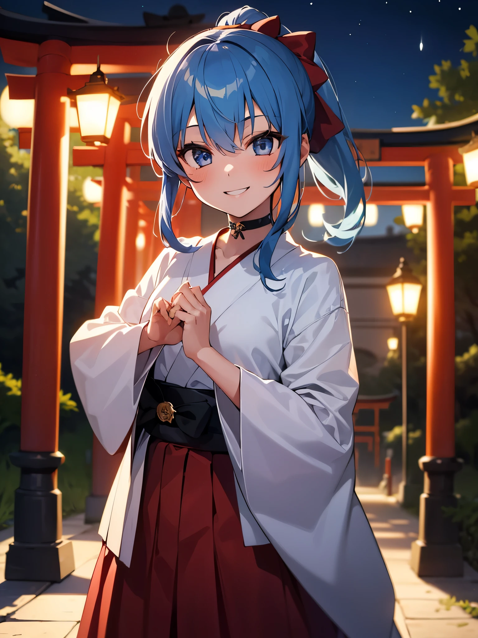 (One girl:1.5),Star Town Suisei、blue eyes、Blue Hair、choker、Hair between the eyes、Medium Hair、ponytail、星のchoker,kimono,Red and black hakama,(Perfect hands),(Perfect Anatomy),(masterpiece),(highest quality),Cool smile,Sidelong glance,Shrine at night,torii