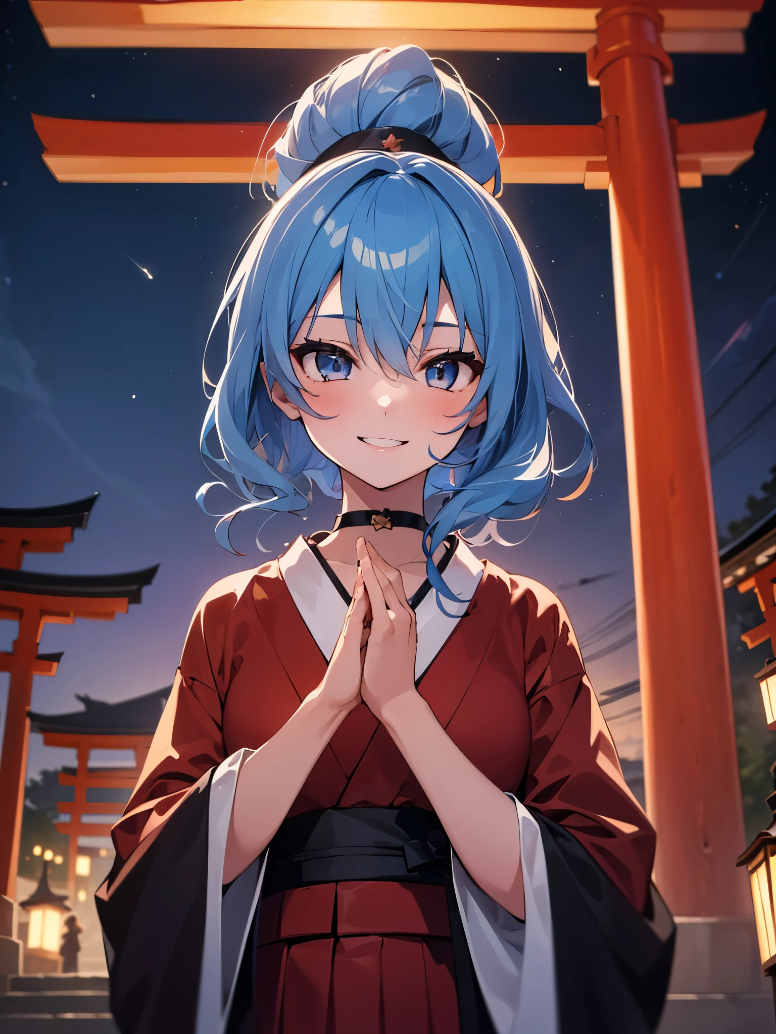 (One girl:1.5),Star Town Suisei、blue eyes、Blue Hair、choker、Hair between the eyes、Medium Hair、ponytail、星のchoker,kimono,Red and black hakama,(Perfect hands),(Perfect Anatomy),(masterpiece),(highest quality),Cool smile,Sidelong glance,Shrine at night,torii