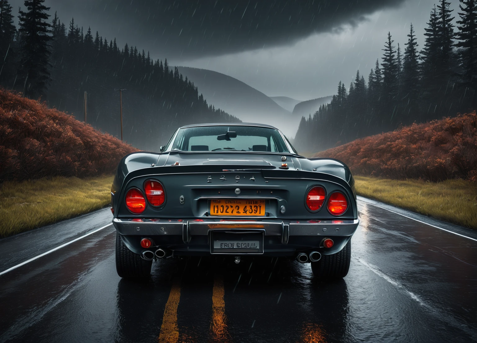 A car on a road, outside, evil, nature in the background, professional, realistic, high quality, freezing rain and sleet, detailed car, dramatic lighting, cinematic composition, intricate details, moody atmosphere