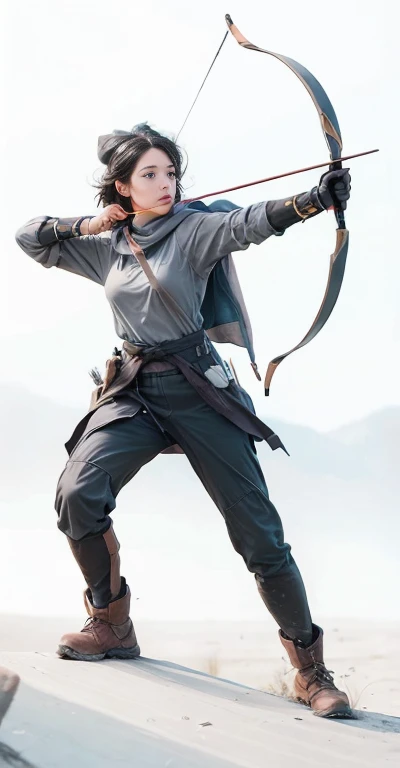 A girl who draws a bow and shoots arrows,Wearing brimmed hat, Wearing cloak, Wearing long light-grey tactical pants tucked into hiking boots, eighteen year old girl, Black hair, Blue eyed
Gray cape hangs down her back to the back of her knees and tied around her neck, dark green tee shirt,
Urban apocalypse, a smoke pillar rises from a burning house behind her, ash and paper scattered across the street, some houses have collapsed,