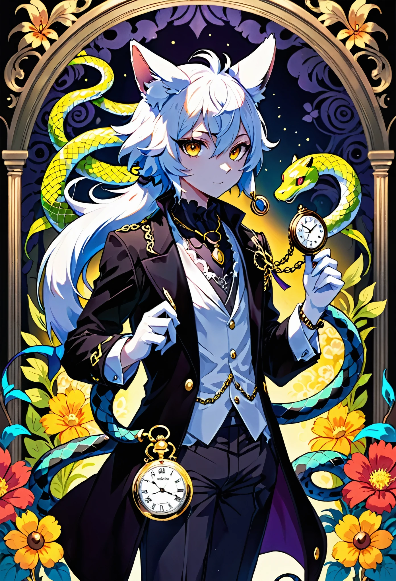 (cover page, best quality, high resolution, ultra-detailed)silhouett(kemono, furry anthro)holding striking pocket watch, surrounded by flowers, snakes and darkness, illustrative rendering, intricate details, mysterious atmosphere, vibrant colors, dynamic lighting , Gothic style,