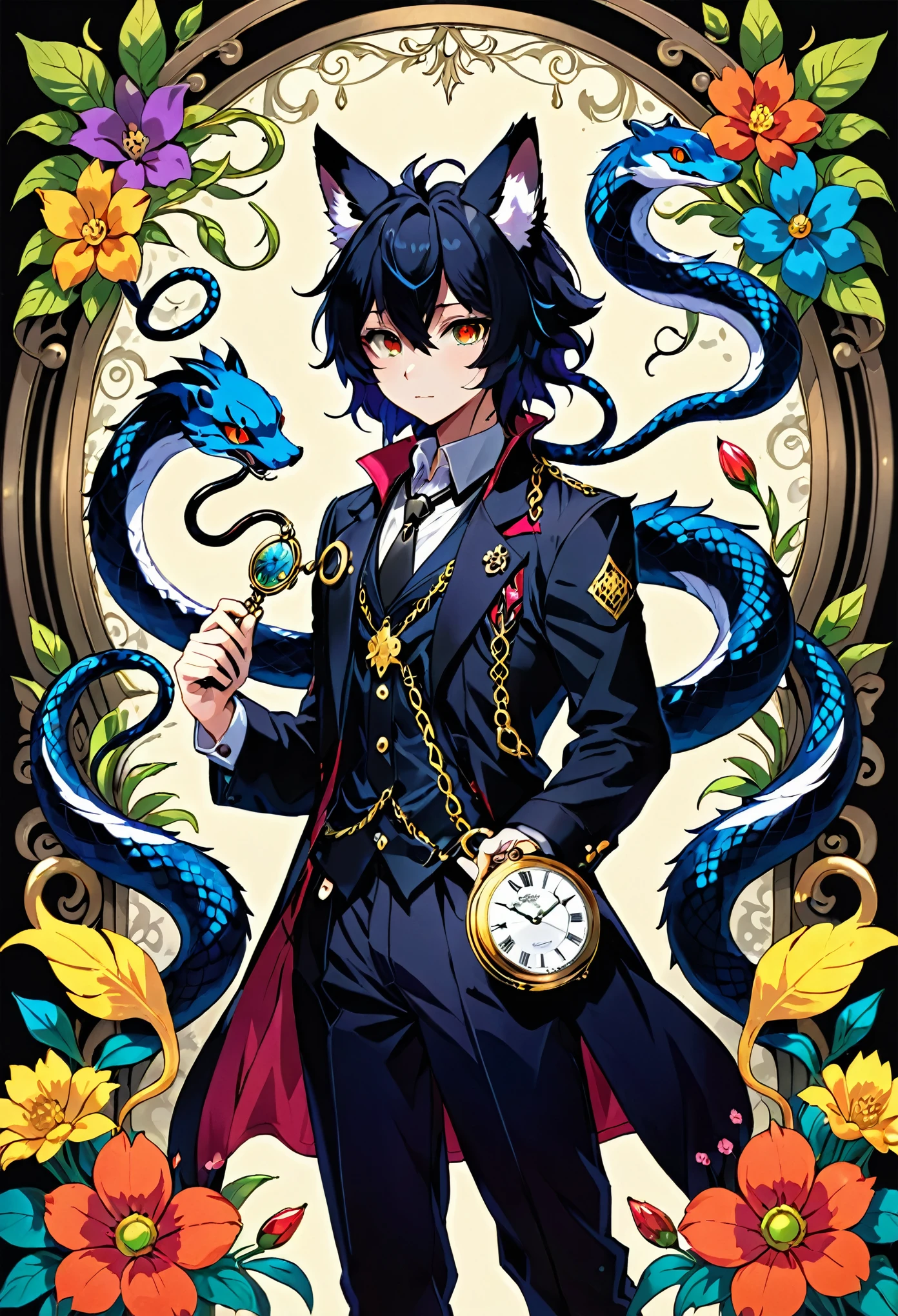 (cover page, best quality, high resolution, ultra-detailed)silhouett(kemono, furry anthro)holding striking pocket watch, surrounded by flowers, snakes and darkness, illustrative rendering, intricate details, mysterious atmosphere, vibrant colors, dynamic lighting , Gothic style,