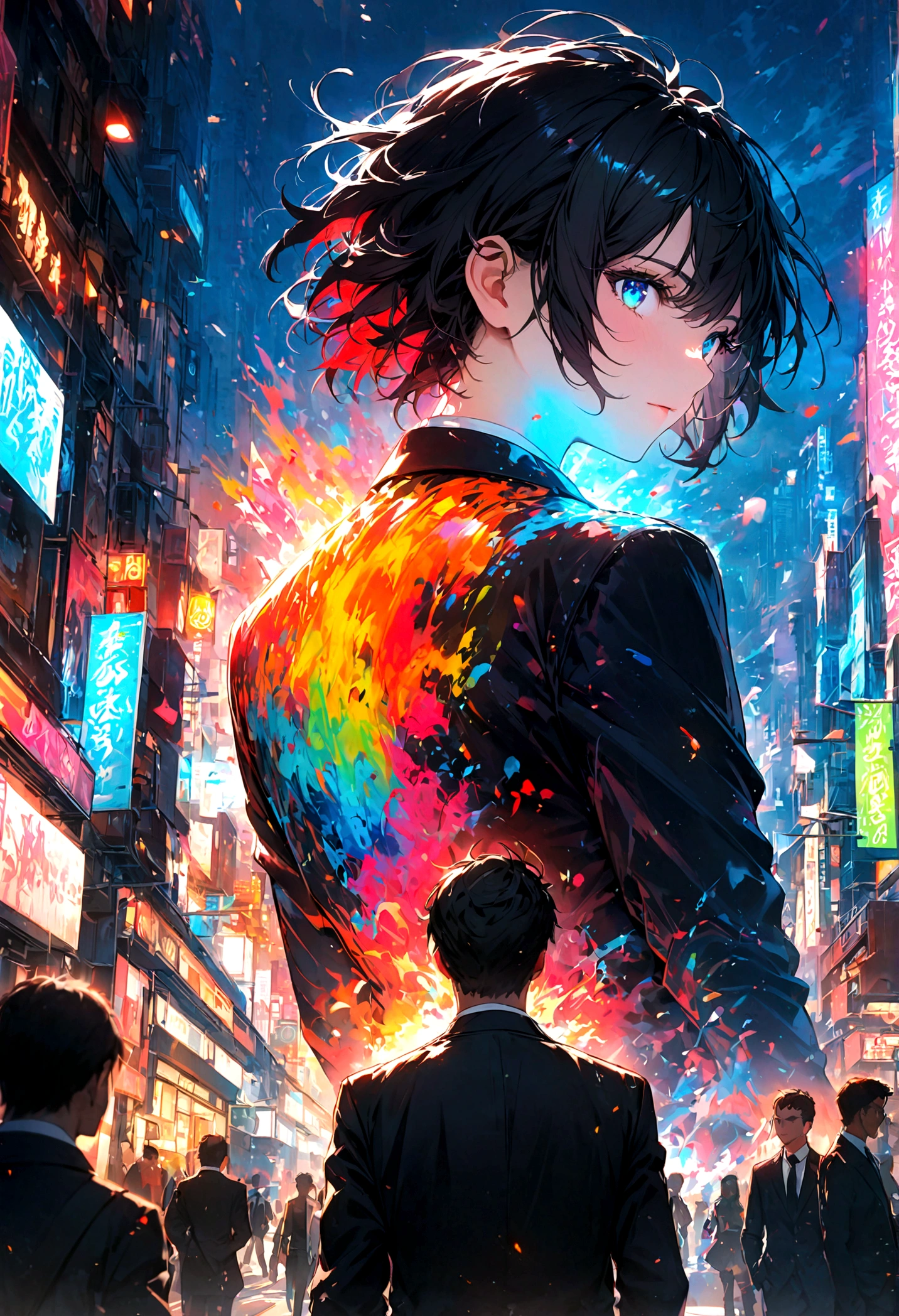 A black-haired, blue-eyed man in a black suit turned his back in the middle of the city during the day.