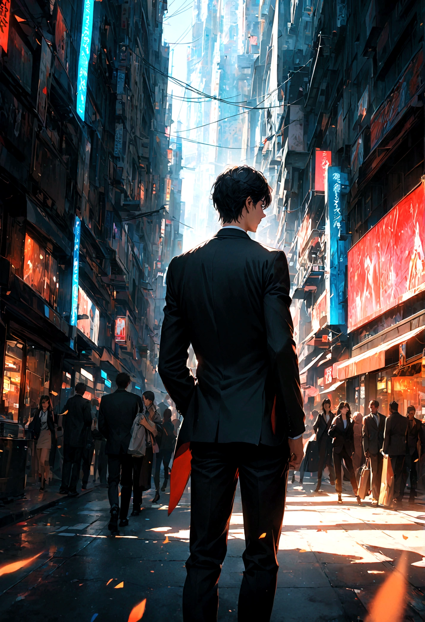 A black-haired, blue-eyed man in a black suit turned his back in the middle of the city during the day.