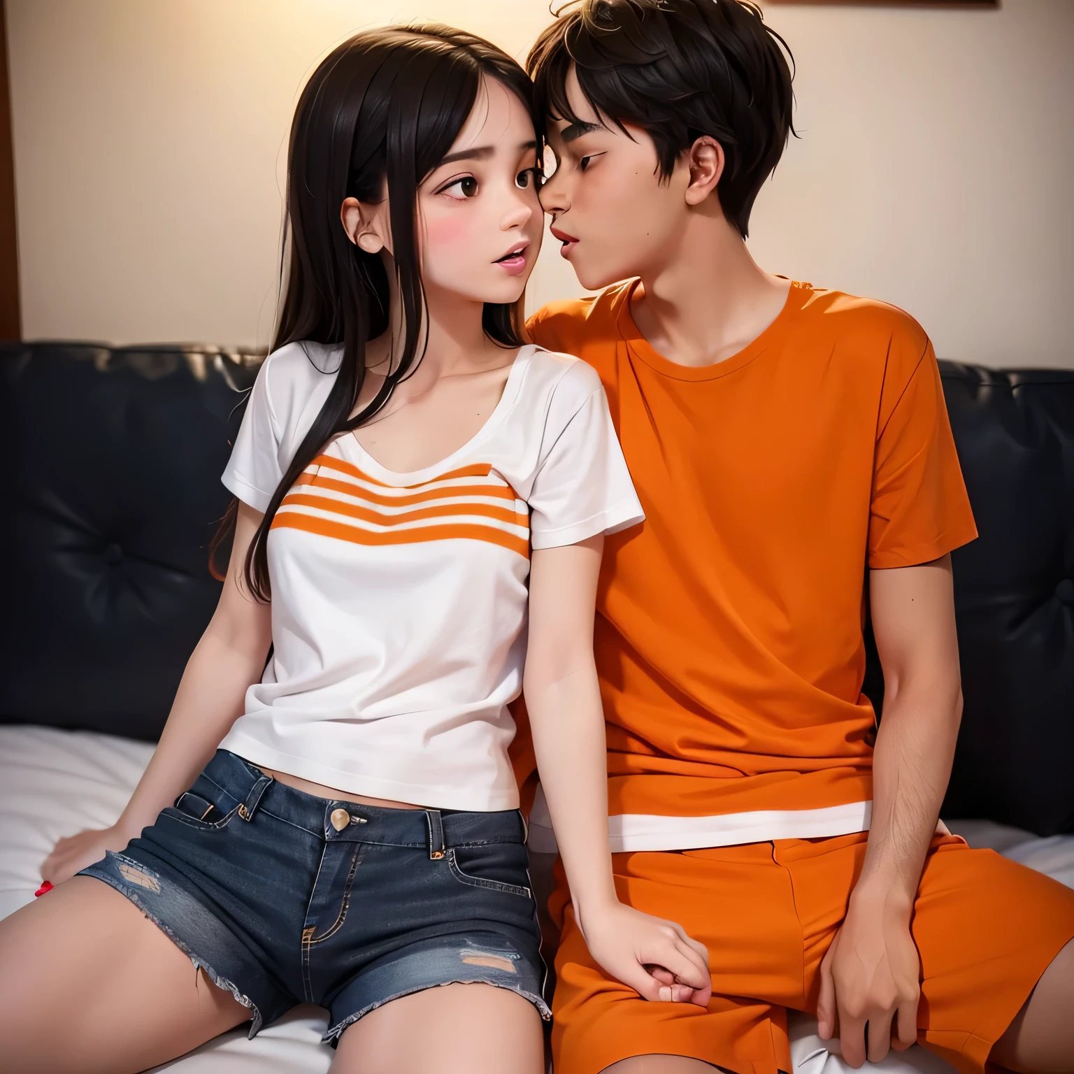 Amazing portrait of a young woman wearing white and orange striped t shirt and orange shorts and young boy wearing a navy blue t shirt and black shorts sitting on a bed together and kissing and making out passionately in a sexy and hot and lustful setting