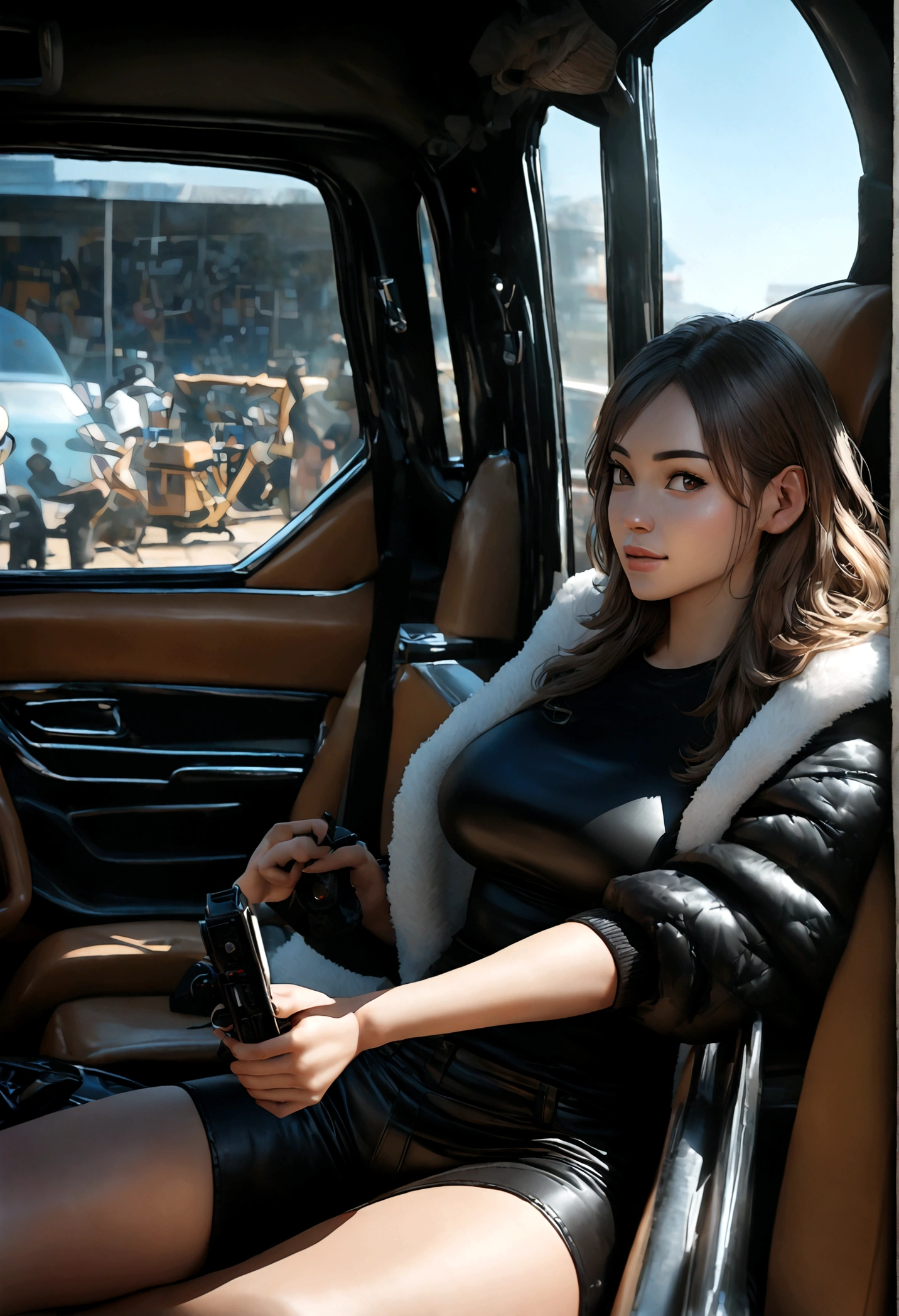 gorgeous young columbian woman, in a car, wearing a fur jacket, beautiful face. she's posing sensually. she's athletic and has a big bottom and big breasts, she smiles a bit. big plan, she is in three-quarter view. ultra realistic, masterpiece, best quality, ultra detailled, solo, shadows, contrast, cinematic light, slide lighting, ultra high resolution, best shadow, TAW 4k, 85 mm, poca profundidad de campo, kodak vision color, extremadament detallado, cinematographer_\(ultra\), photoreallistic, postprocesi, maximum details, aspereza, vida real, ultra realista, fotorrealismo, cinematographer, 8k UHD, cinematographer.