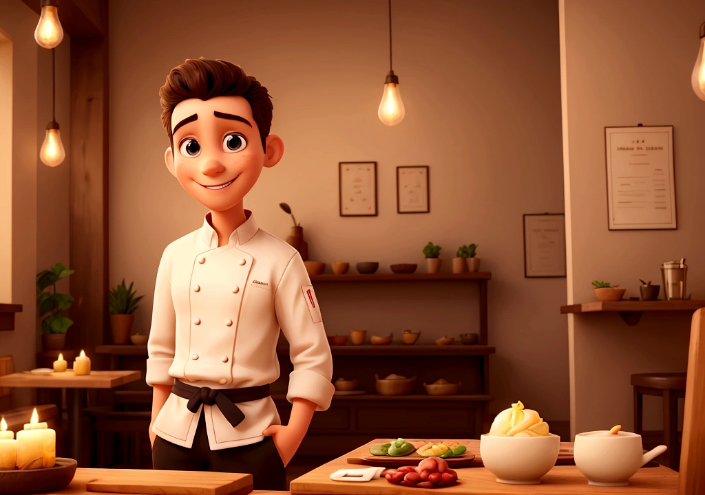A man entering a cozy restaurant, being greeted by a smiling young chef with sparkling eyes, both exchanging meaningful glances.