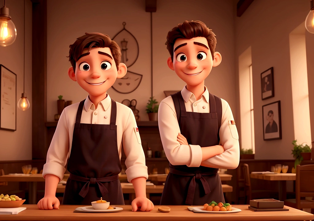 A man entering a cozy restaurant, being greeted by a smiling young chef with sparkling eyes, both exchanging meaningful glances.