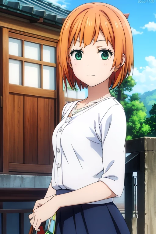 anime, detailed,short orange hair, green eyes, white wending dress