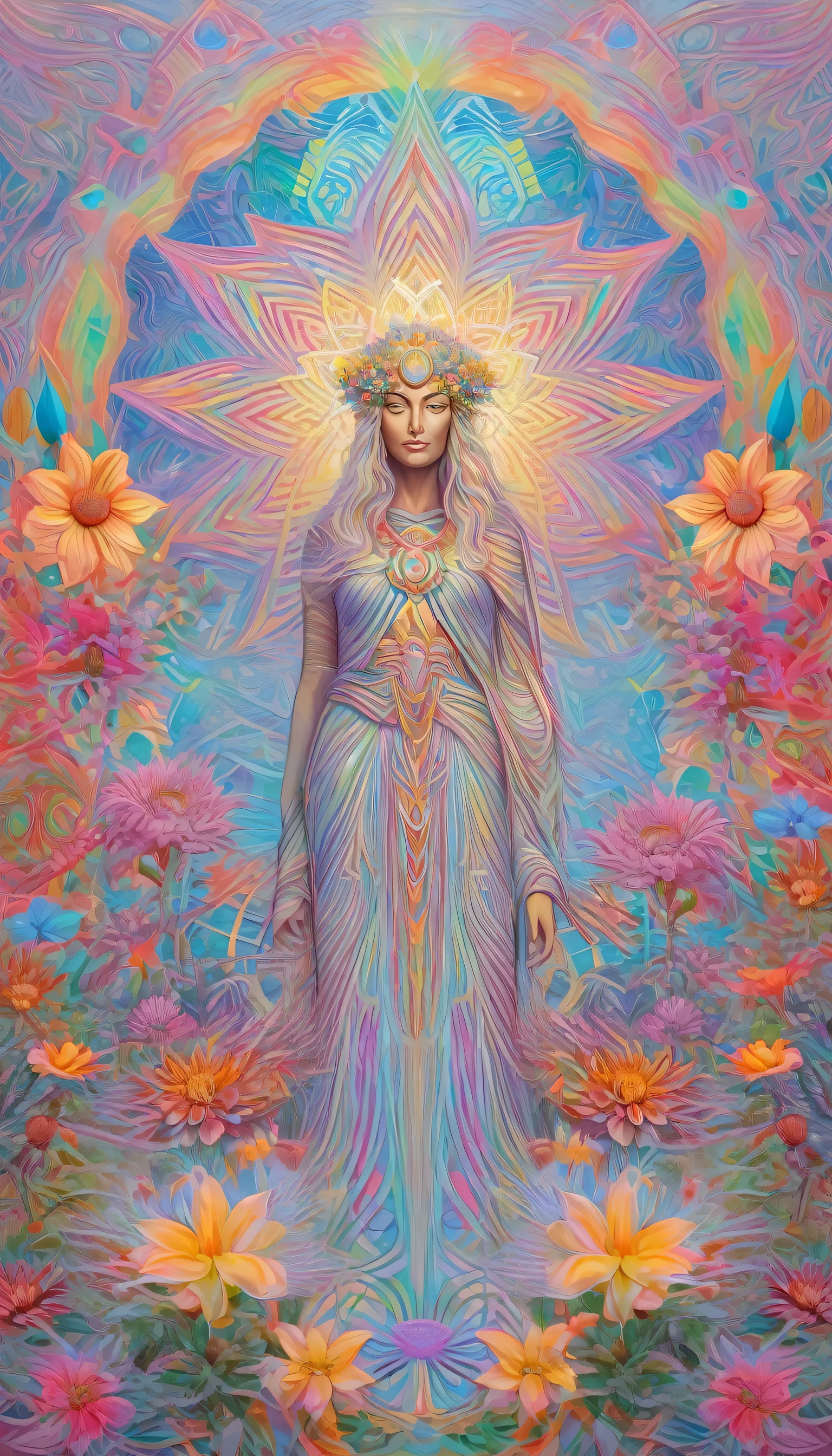 athena goddess, colorful, surreal, psychedelic, center, detailed, geometric patterns, visionary art, shamanic, alex grey, mini worlds, flowers, soft colors, 2D, monet style