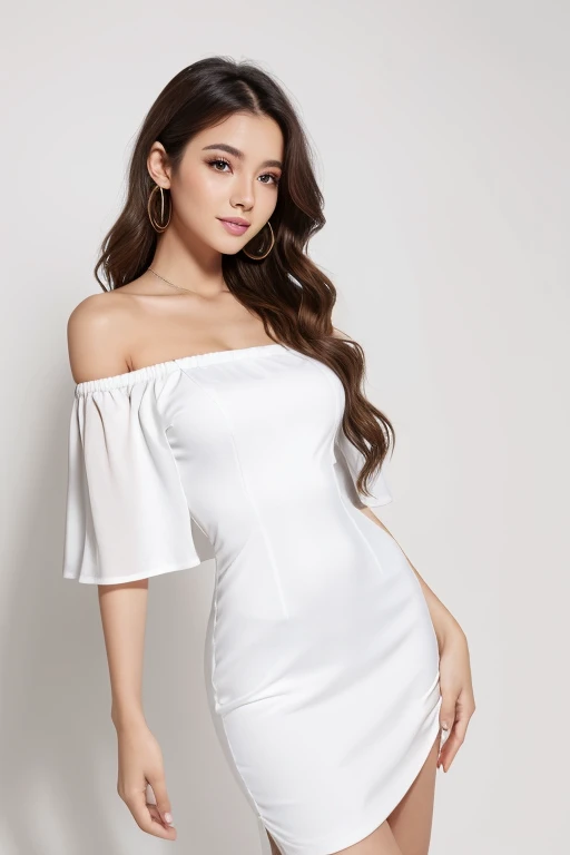 best quality, 1 beautiful woman, long hair, off-shoulder dress, slim figure, white background