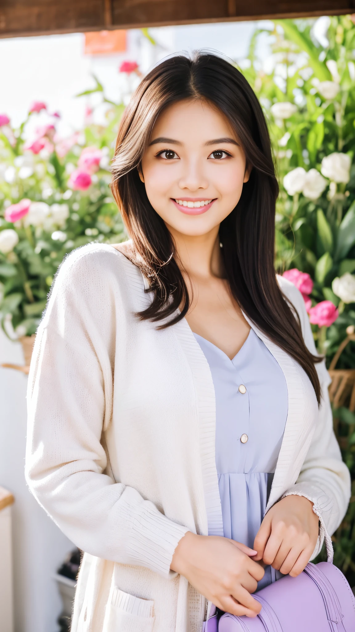 RAW, Best quality, high resolution, (masterpiece: 1.3), cute Indonesian woman, Masterpiece, curvy body, cute face, bright skin, fair skin, cute eyes, serene smile, light make up, standing in front of florist, feminine gesture, graceful expression, body facing viewer, looking to viewer, wearing White dress, pretty dress, wearing lilac cardigan, perfect cardigan, wearing purple heels, wearing white purse, beautiful in cute pastel shades, at noon, Great lighting, great sunlight, Bright colors, Ultra realistic clean lines, very realistic