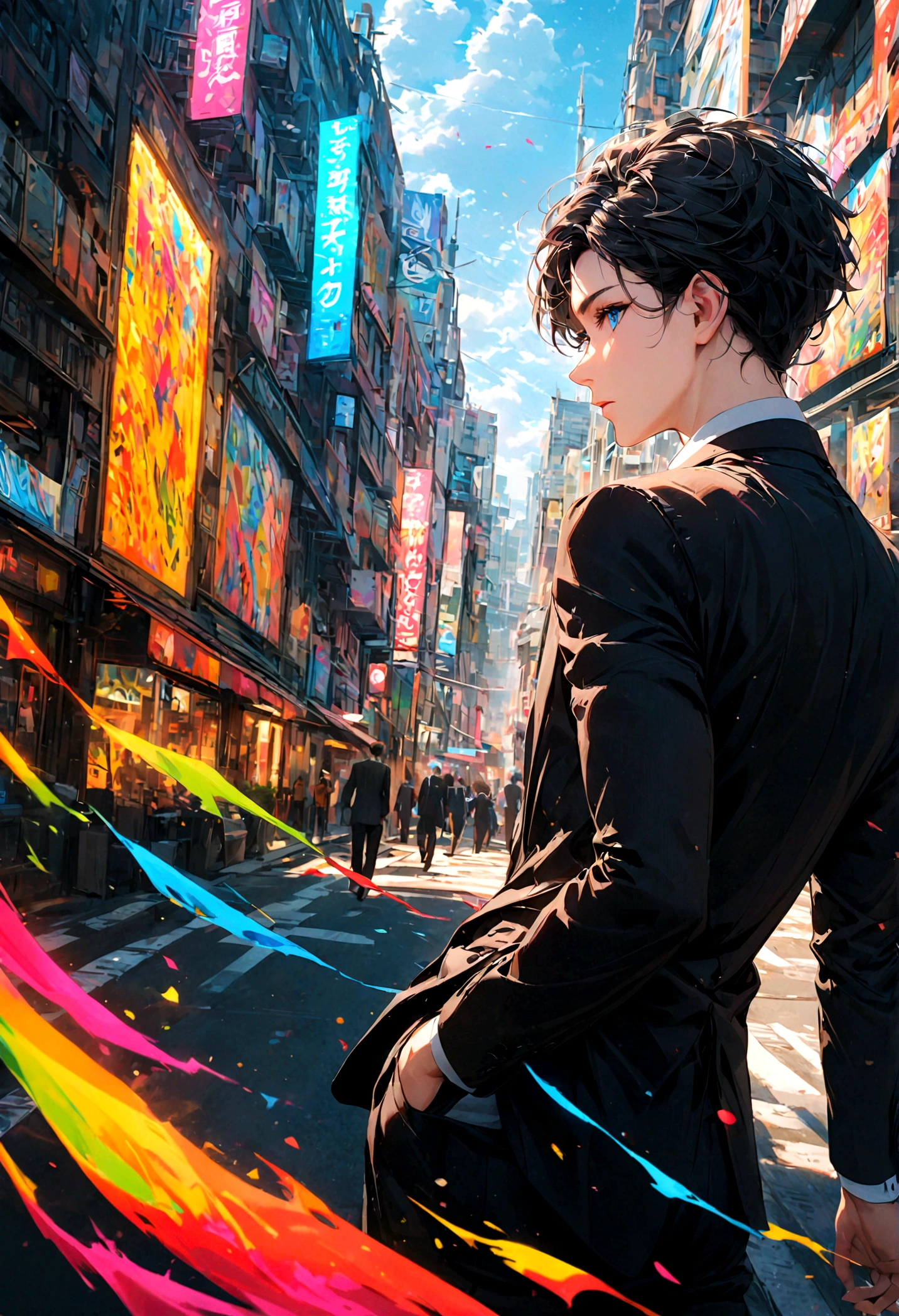 A black-haired, blue-eyed man in a black suit turned his back in the middle of the city during the day.