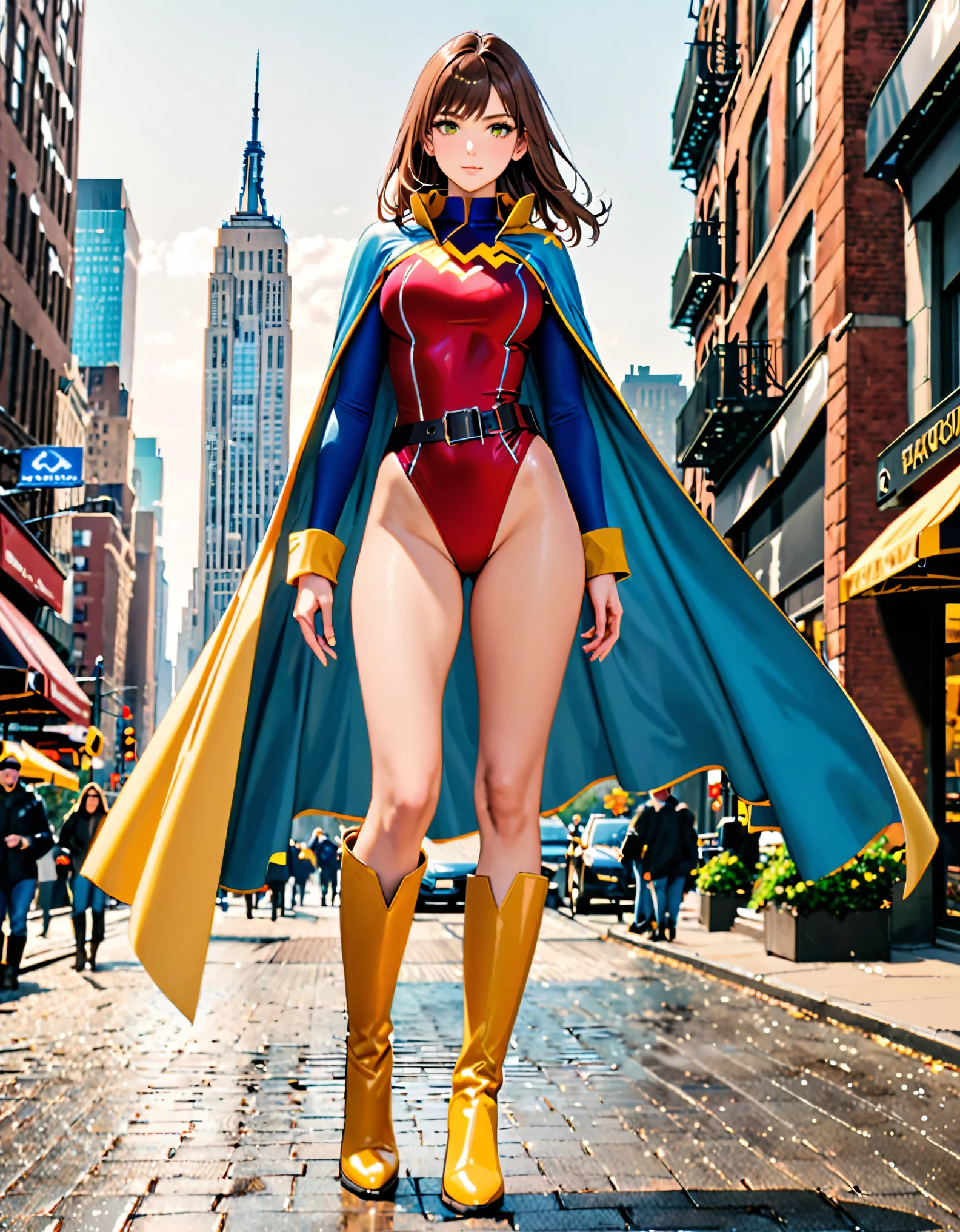 (masterpiece), (best quality), (high res), 1lady, tall body, beautiful detailed eyes, beautiful detailed face, perfect hands, complete fingers, perfect anatomy, perfect proportions, ((brown hair, medium hair, hair down)), ((green eyes)), ((leotard, red leotard, matching leotard, bare legs)), ((boots, matching boots, knee-high boots, yellow boots)), breasts, medium breasts, (full body portrait), looking at viewer, solo, solo focus, standing, cowboy shot, new york backdrop, (fastened tight belt), (blue sleeves, yellow cuffs), (yellow hawk (symbol) on chest), (medium cape, light blue cape), full body costume design.