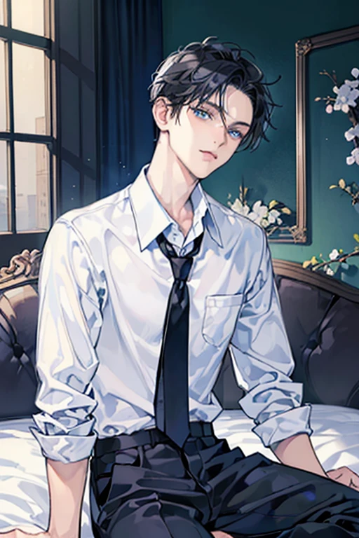 (((chico, boy))), ((black hair)), ((blue eyes)), ((sideway hairstyle)), ((white shirt with tie)), ((sitting on a bed)), ((black pants))