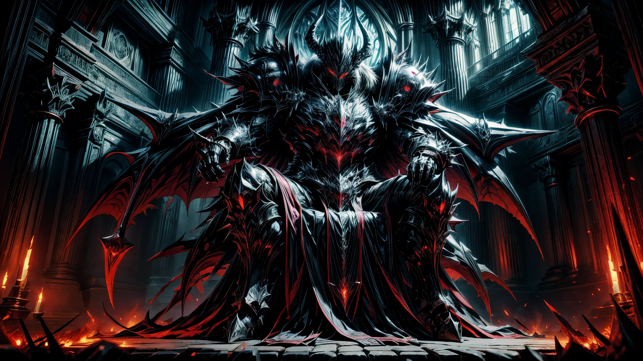  anime aestetics, demonic throne room, dark colors, dim light, cold colors, spiky throne, black stone collumns, gothic style, demon lord sitting on the throne, huge muscular demon, glowing eyes, long horns, scales armour, dark red skin, black scales, huge intimidating smile, angry eyes, long sharp teeth, wide shot, perspective, atmospheric perspective, highres, HD, 4K, best quality, masterpiece, super detail