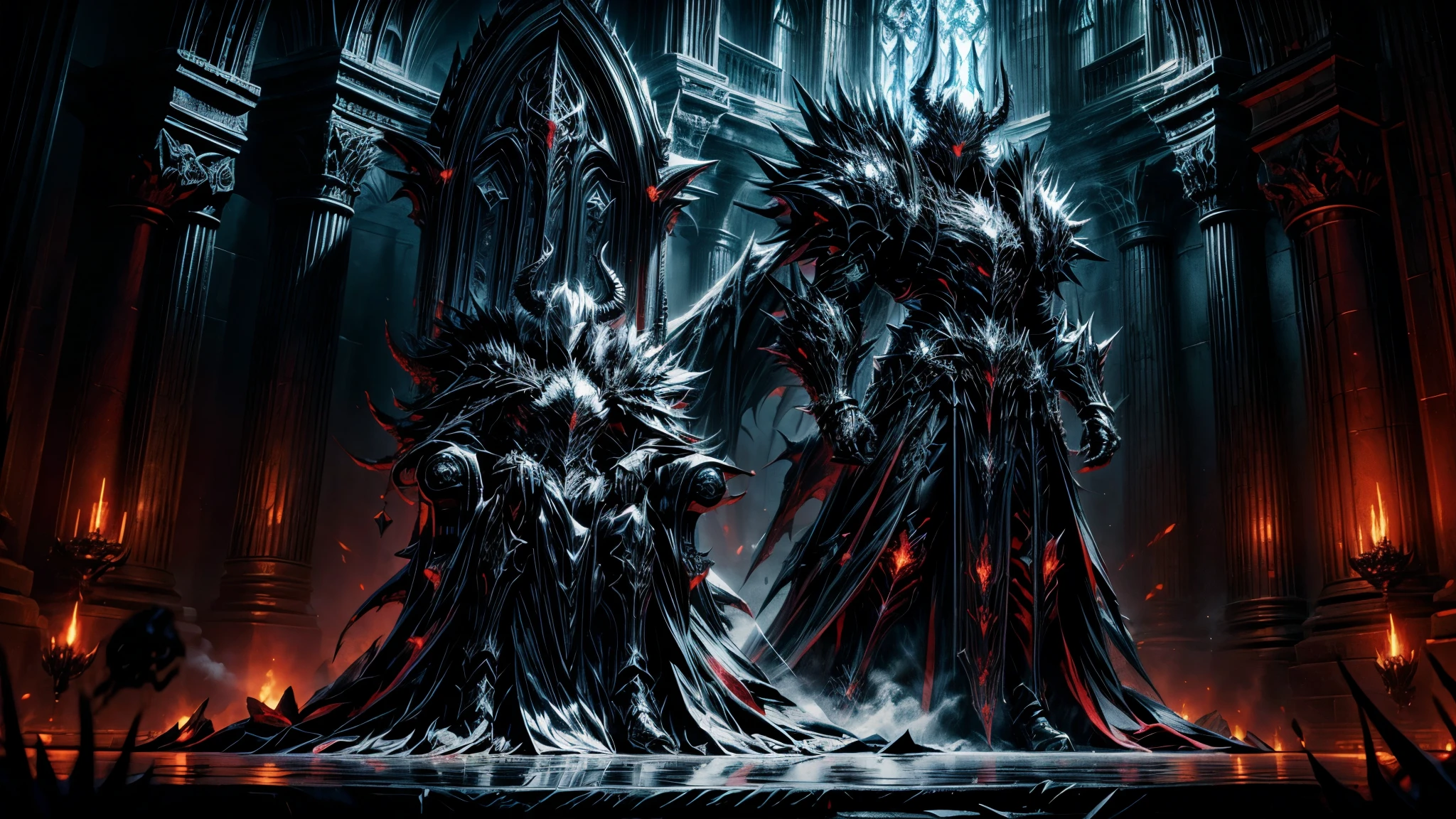  anime aestetics, demonic throne room, dark colors, dim light, cold colors, spiky throne, black stone collumns, gothic style, demon lord sitting on the throne, huge muscular demon, glowing eyes, long horns, scales armour, dark red skin, black scales, huge intimidating smile, angry eyes, long sharp teeth, wide shot, perspective, atmospheric perspective, highres, HD, 4K, best quality, masterpiece, super detail