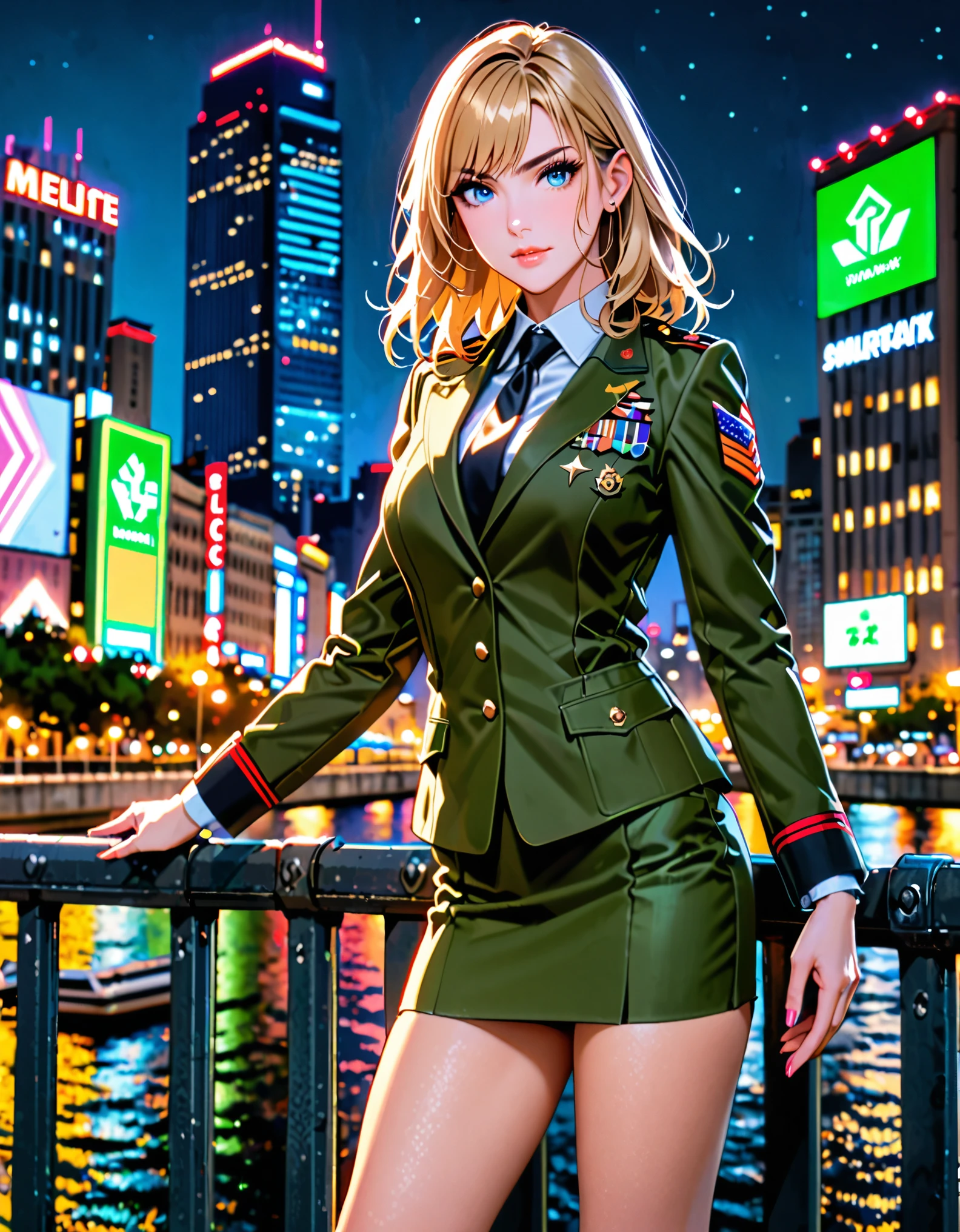 best quality, masterpiece, highres, solo, solo focus, 1lady, semi-realistic, dynamic heroic pose, standing straight, blonde hair, blue eyes, beautiful detailed eyes, beautiful detailed face, (perfect hands), sexy us military officer, city backdrop, neon edge lighting, highly detailed, professional, suit and tie, black necktie, green military uniform, pencil skirt, miniskirt, matching shoes, full body shot, medium hair, hair down, nighttime.