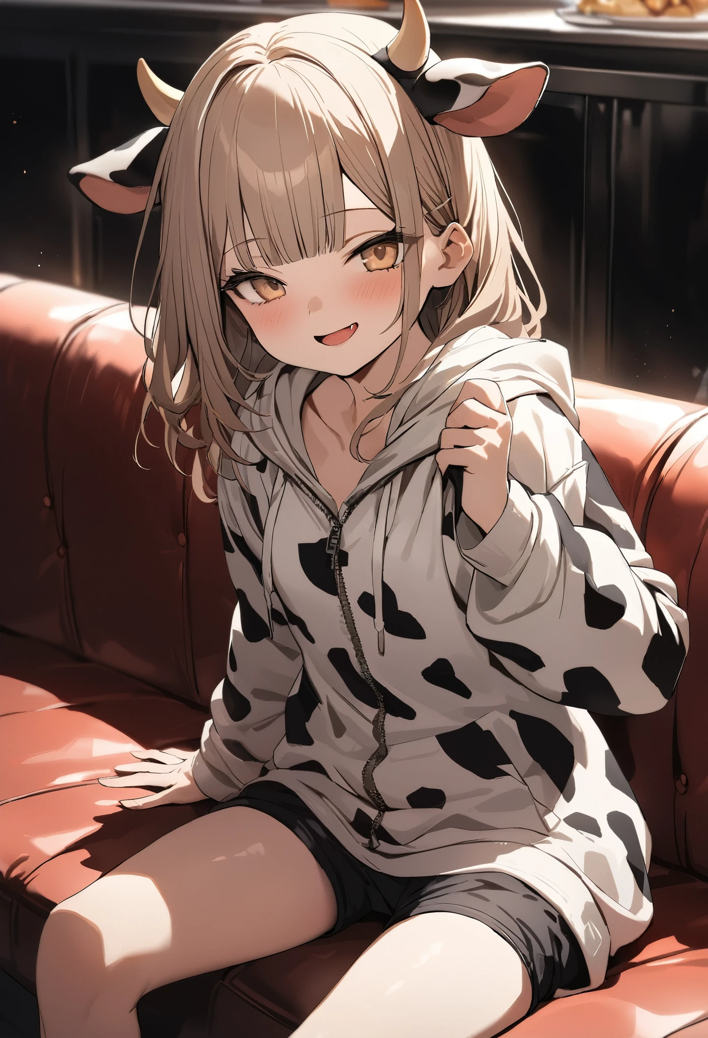 ((Masterpiece)), ((best quality)), (Anime:1.4), (super detail:1.2), (High Definition:1.3), (Professional Photography:1.3), (wide shot), (sharp focus), (perfect light), (()), 1girl, ((wearing Cow-patterned oversized hoodie)), fluffy shorts, cinematic lighting, Textured skin, messy hair, (loose blunt bangs), teenage girl, (Healthy slim body), small breasts, cute eyes, ((naughty face)), (open mouth), (put on cow ears), pale brown hair, Cute Beautiful girl, Thin accessories, ((slightly undressing hoodie)), (Unzipping hoodie), unzip hoodie and takes it off, (loose sitting on the diner couch),