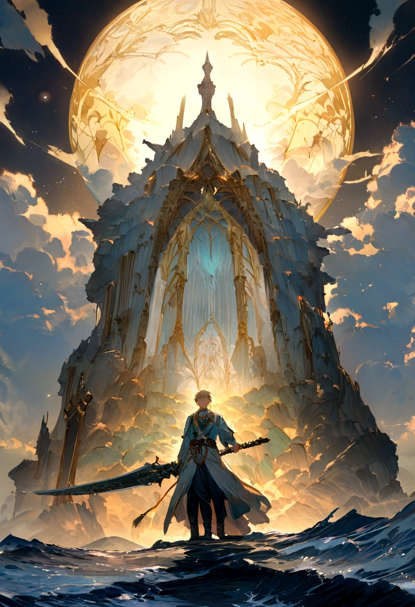 In a mesmerizing silhouetted scene of a giant moon with its surface pockmarked with vividly detailed craters, in a fantastical world bathed in ethereal light and illuminated by the sun, a young man carrying a sword stands confidently on a serene beach, staring straight ahead with determination at the eyes, with blue waves gently kissing the shore. Behind him, the landscape is both familiar and otherworldly, with ancient structures partially submerged in water, giving the impression that once upon a time there was a great civilization, now in ruins. He has spiky blond hair that shines in the sun, a reflection of his vibrant and adventurous spirit. Around the neck hangs a distinctive pendant, reflecting the light with a touch of mystery. In his hand he holds an enormous sword, beautifully crafted and ornamented with stones, its blade glowing with a magical aura, suggesting that this weapon is not just for combat. The atmosphere is filled with a sense of tranquility, mystery, serenity and adventure. The young man looks at the horizon with a determined and victorious expression, as if he is ready to embark on a new journey, face an imminent challenge or cast a powerful spell, UHD, super detail, high quality, high details