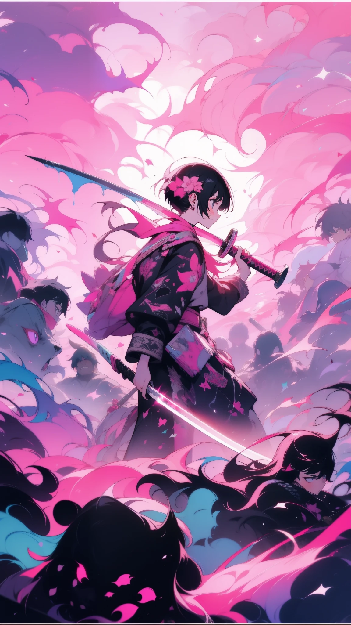 A lone girl teenager in a tattered , wielding a glowing katana against a horde of spectral warriors. Cherry blossoms swirl around them, casting a pink hue on the battlefield. Abstract brushstrokes depict the chaos of the fight, fantasy world, dark background, clean design, epic, artstation, colorful paint splatter, silhouette, hyper detailed intricate details, unreal engine, fantasy, splash screen, complementary colors, deviantart masterpiece, oil painting, heavy strokes, paint dripping, indifferent expression