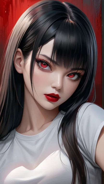 a woman with long, straight, black hair down to her waist, detailed red pupil eyes, beautiful detailed red lips, wearing a white t-shirt and long black jeans, sinister expression, palette knife colors, horror, anime style, (best quality,4k,8k,highres,masterpiece:1.2),ultra-detailed,(realistic,photorealistic,photo-realistic:1.37)