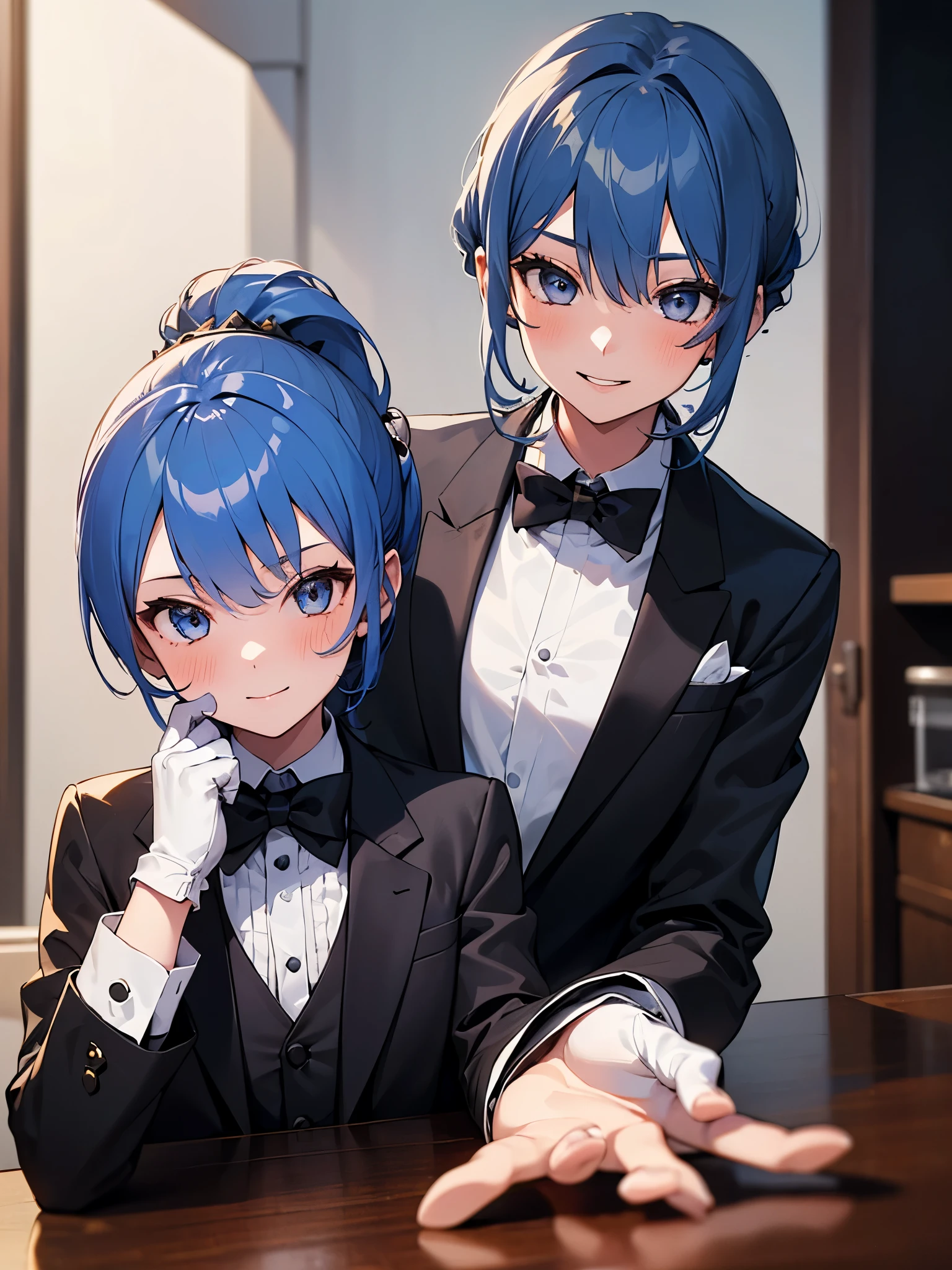 (One girl:1.5),Star Town Suisei、blue eyes、Blue Hair、choker、Hair between the eyes、Medium Hair、ponytail、星のchoker,(Tuxedo:1.5),Suit pants,outer coat,gentleman,White gloves,(Perfect hands),(Perfect Anatomy),(masterpiece),(highest quality),Cool smile,Coffee shop
