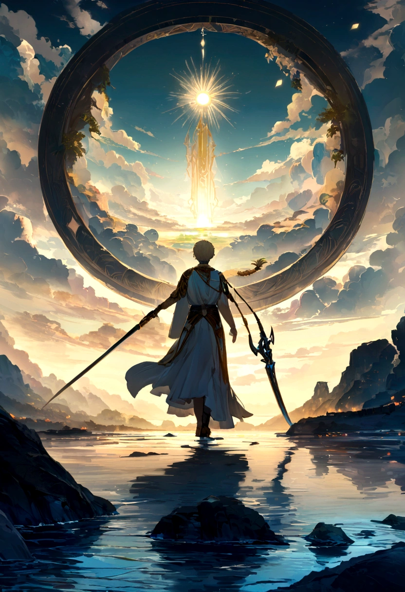 In a mesmerizing silhouetted scene of a giant moon with its surface pockmarked with vividly detailed craters, in a fantastical world bathed in ethereal light and illuminated by the sun, a lone young man carrying a sword stands confidently on a serene beach, staring straight ahead with determination at the eyes, with blue waves gently kissing the shore. Behind him, the landscape is both familiar and otherworldly, with ancient structures partially submerged in water, giving the impression that once upon a time there was a great civilization, now in ruins. He has spiky blond hair that shines in the sun, a reflection of his vibrant and adventurous spirit. Around the neck hangs a distinctive pendant, reflecting the light with a touch of mystery. In his hand he holds an enormous sword, beautifully crafted and ornamented with stones, its blade glowing with a magical aura, suggesting that this weapon is not just for combat. The atmosphere is filled with a sense of tranquility, mystery, serenity and adventure. The young man looks at the horizon with a determined and victorious expression, as if he is ready to embark on a new journey, face an imminent challenge or cast a powerful spell, UHD, super detail, high quality, high details