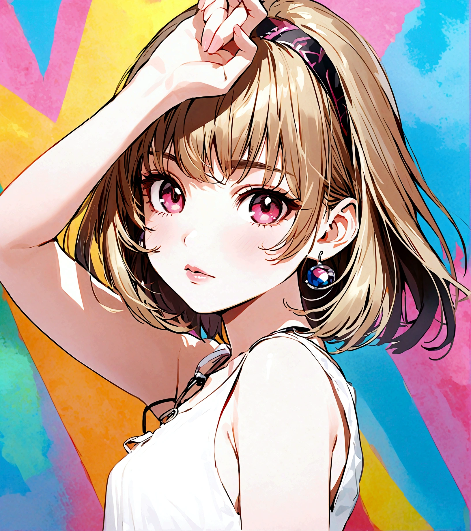 (Houjou_Satoko), 1girl, solo, (Blonde Hair), Red eyes, short hair, hair band, Small breasts,I&#39;m 11 years old, looking at viewer, bangs,shirt,jewelry, white shirt, upper body, earrings, sleeveless, black eyes, arm up, lips, multicolored background