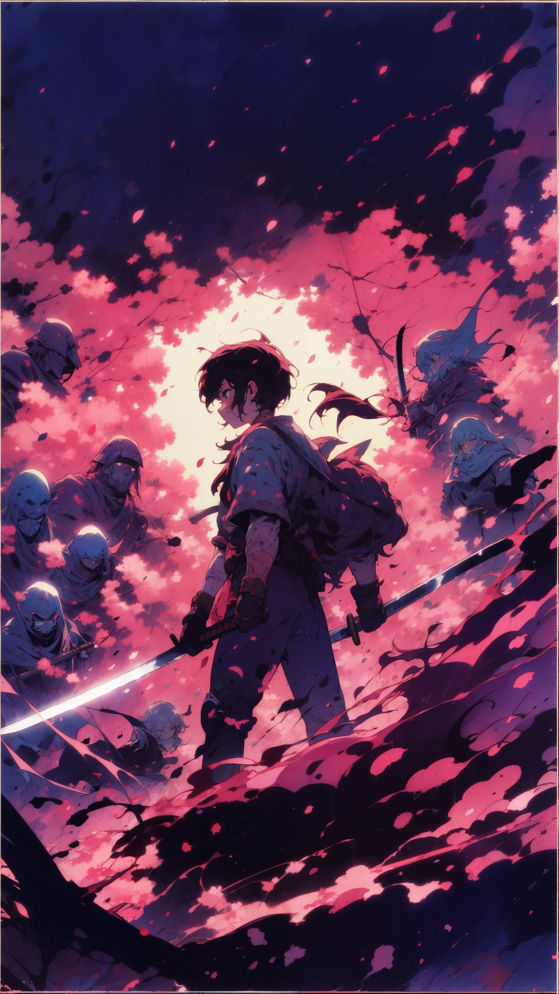 A lone teenager in a tattered , wielding a glowing katana against a horde of spectral warriors. Cherry blossoms swirl around them, casting a pink hue on the battlefield. Abstract brushstrokes depict the chaos of the fight, fantasy world, dark background, clean design, epic, artstation, colorful paint splatter, silhouette, hyper detailed intricate details, unreal engine, fantasy, splash screen, complementary colors, deviantart masterpiece, oil painting, heavy strokes, paint dripping, indifferent expression