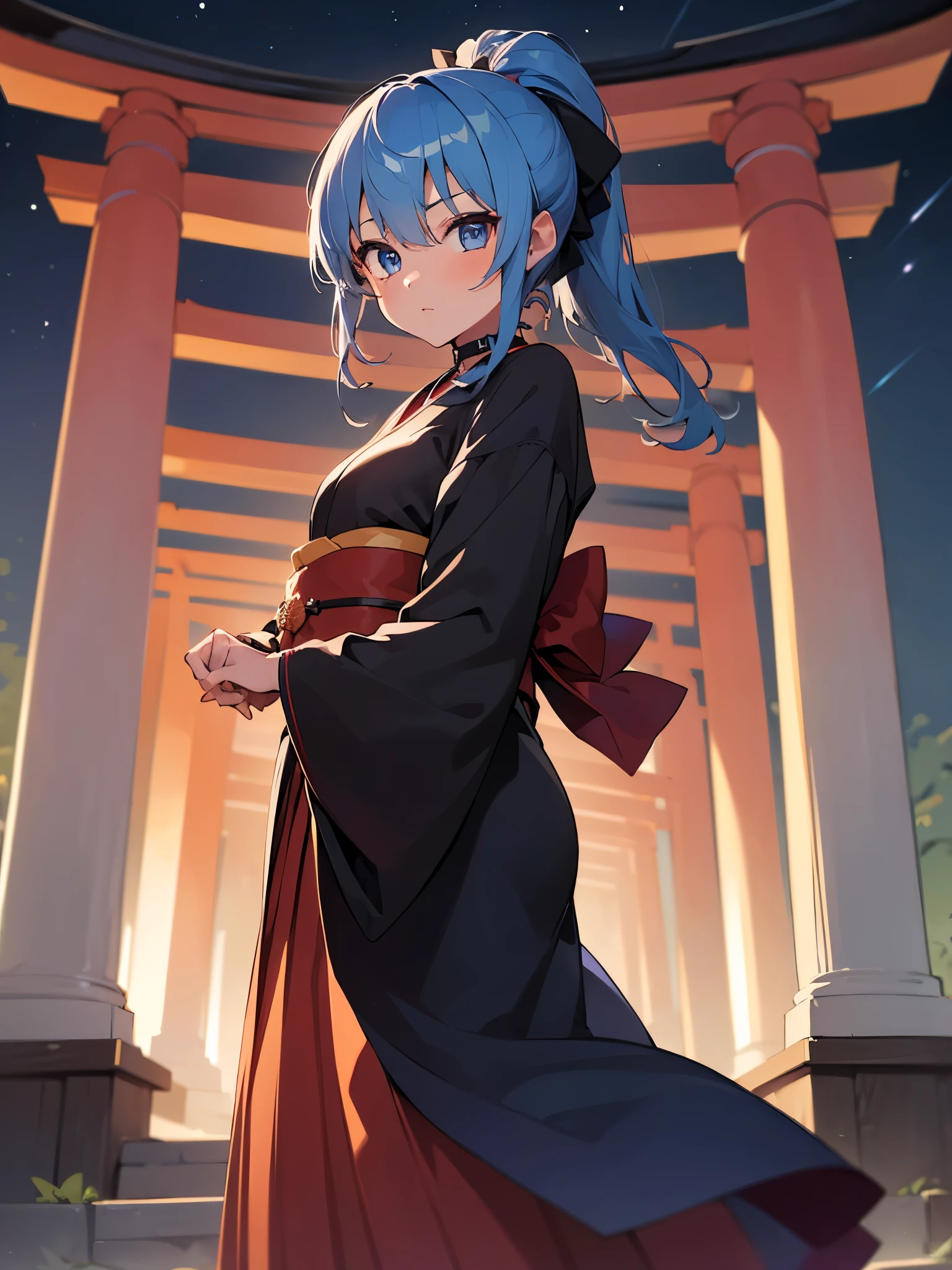 (One girl:1.5),Star Town Suisei、blue eyes、Blue Hair、choker、Hair between the eyeedium Hair、ponytail、星のchoker,kimono,Red and black hakama,(Perfect hands),(Perfect Anatomy),(masterpiece),(highest quality),Cool expression,Sidelong glance,Shrine at night,torii