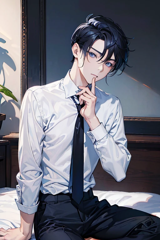 (((chico, boy))), ((black hair)), ((blue eyes)), ((sideway hairstyle)), ((white shirt with tie)), ((sitting on a bed)), ((black pants))