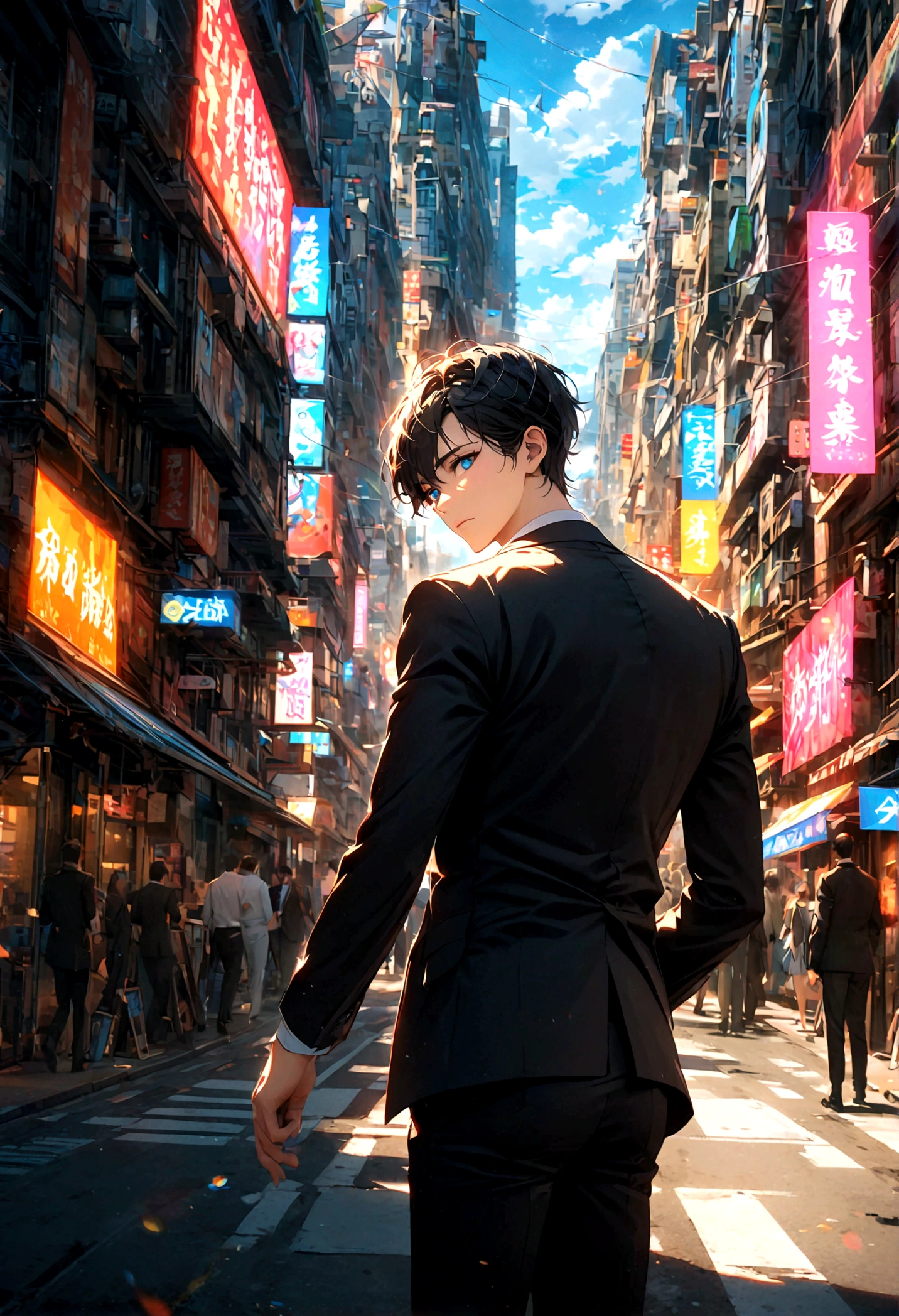 A black-haired, blue-eyed man in a black suit turned his back in the middle of the city during the day.