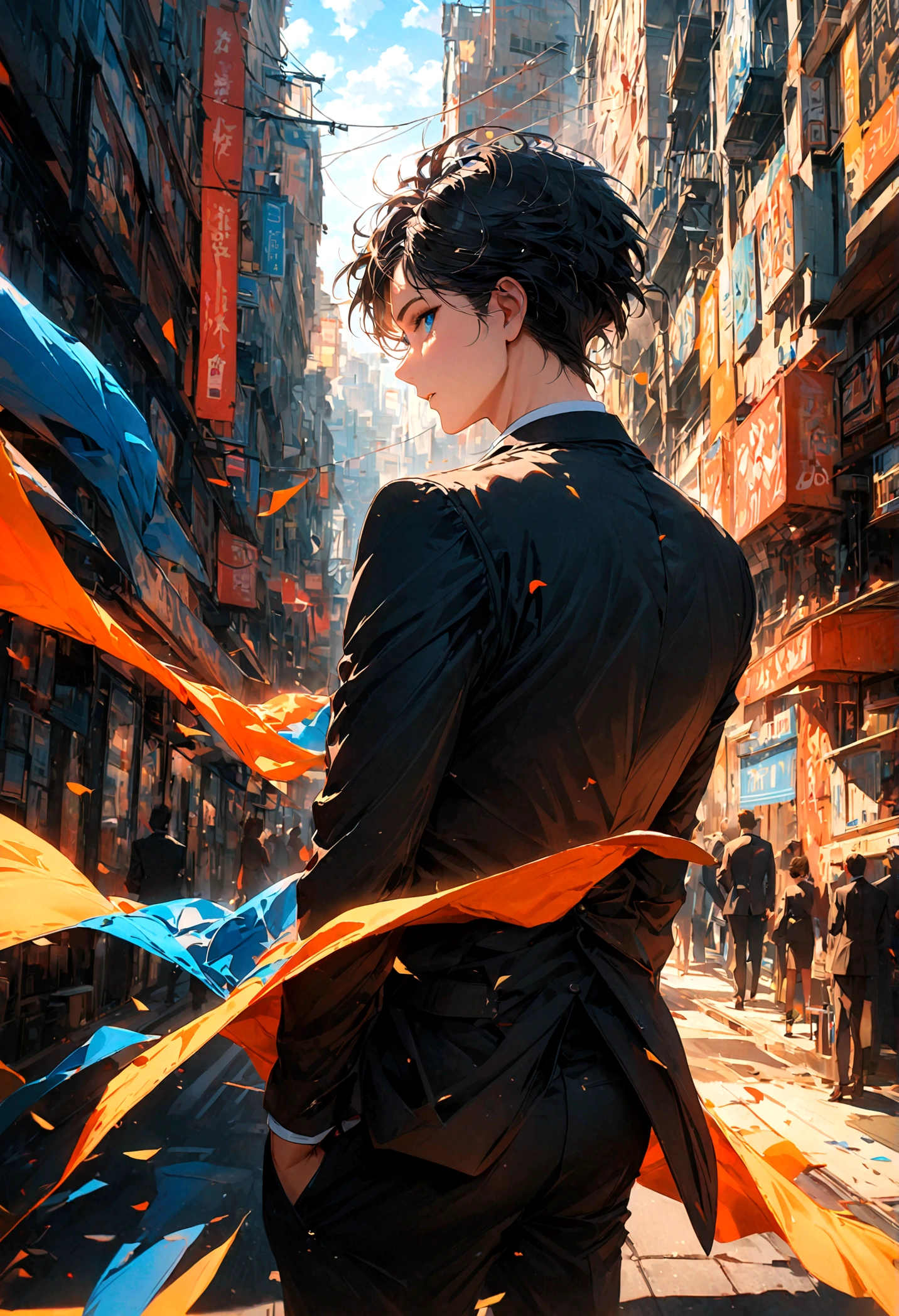 A black-haired, blue-eyed man in a black suit turned his back in the middle of the city during the day.